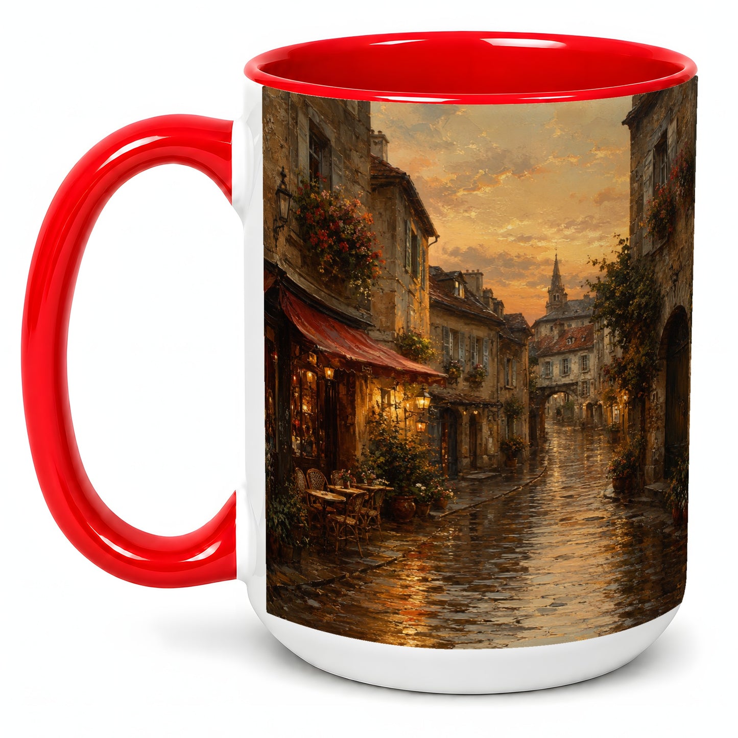 #pl[15oz|Red] Rainy Old Town Ceramic Mug, Cozy European Cafe Street Scene