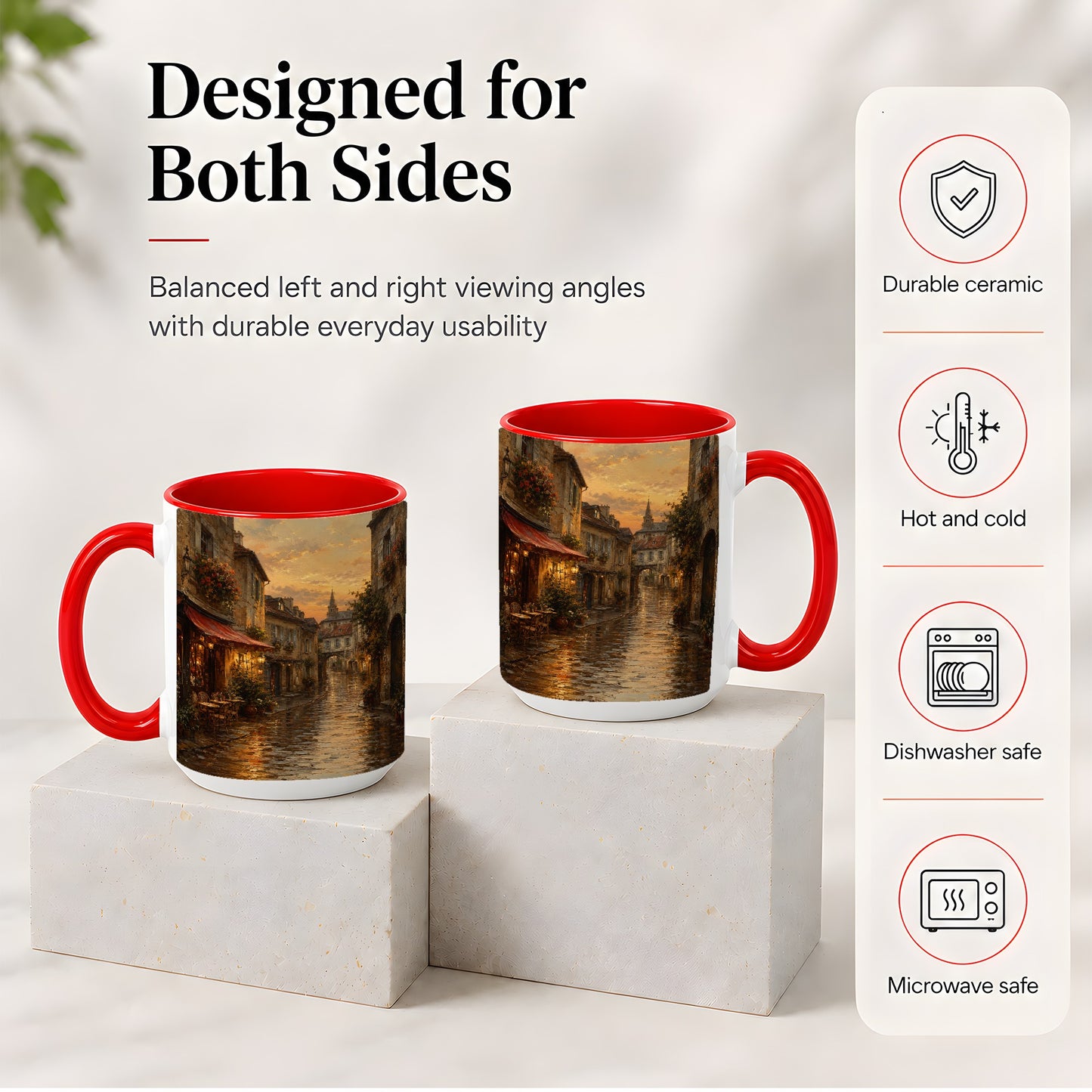 #pl[15oz|Red] Rainy Old Town Ceramic Mug, Cozy European Cafe Street Scene