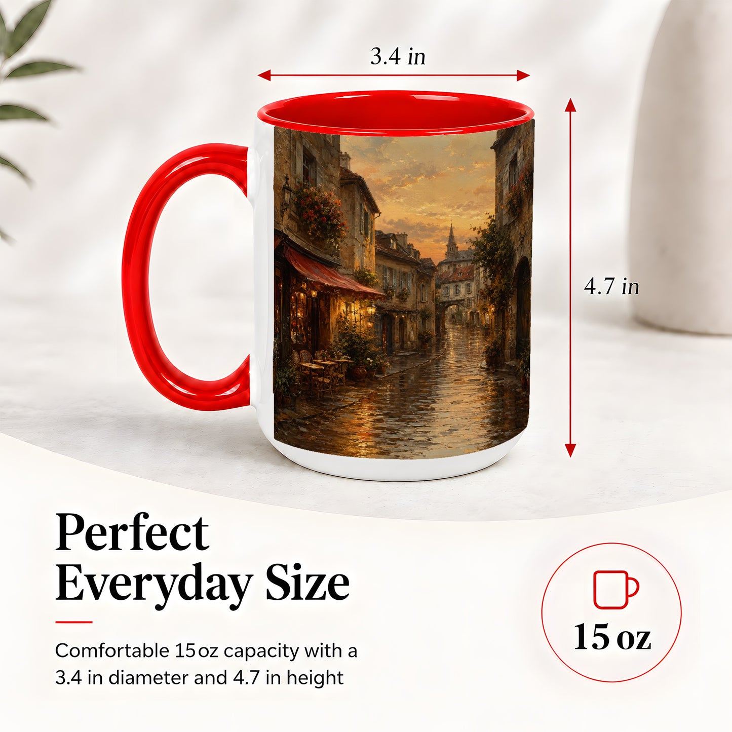 #pl[15oz|Red] Rainy Old Town Ceramic Mug, Cozy European Cafe Street Scene