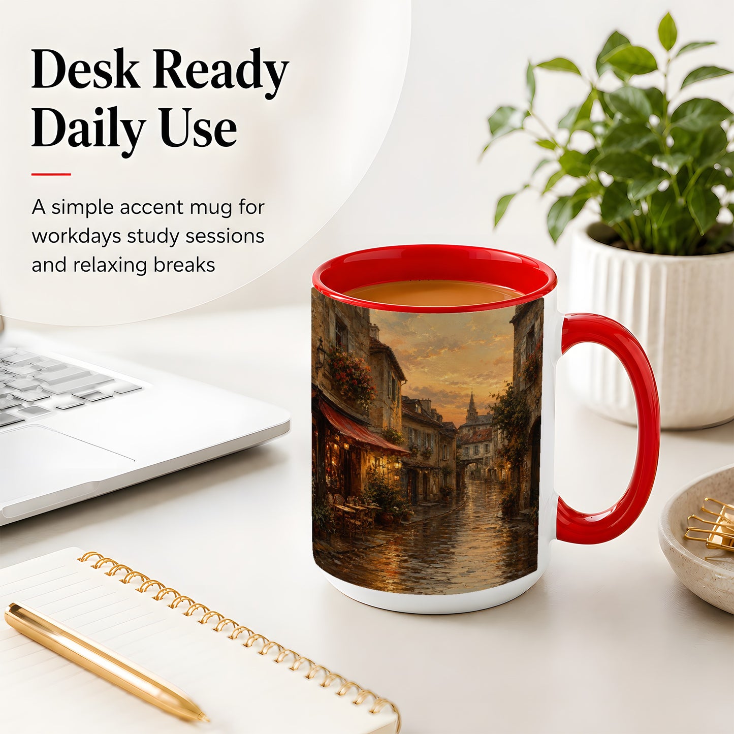 #pl[15oz|Red] Rainy Old Town Ceramic Mug, Cozy European Cafe Street Scene