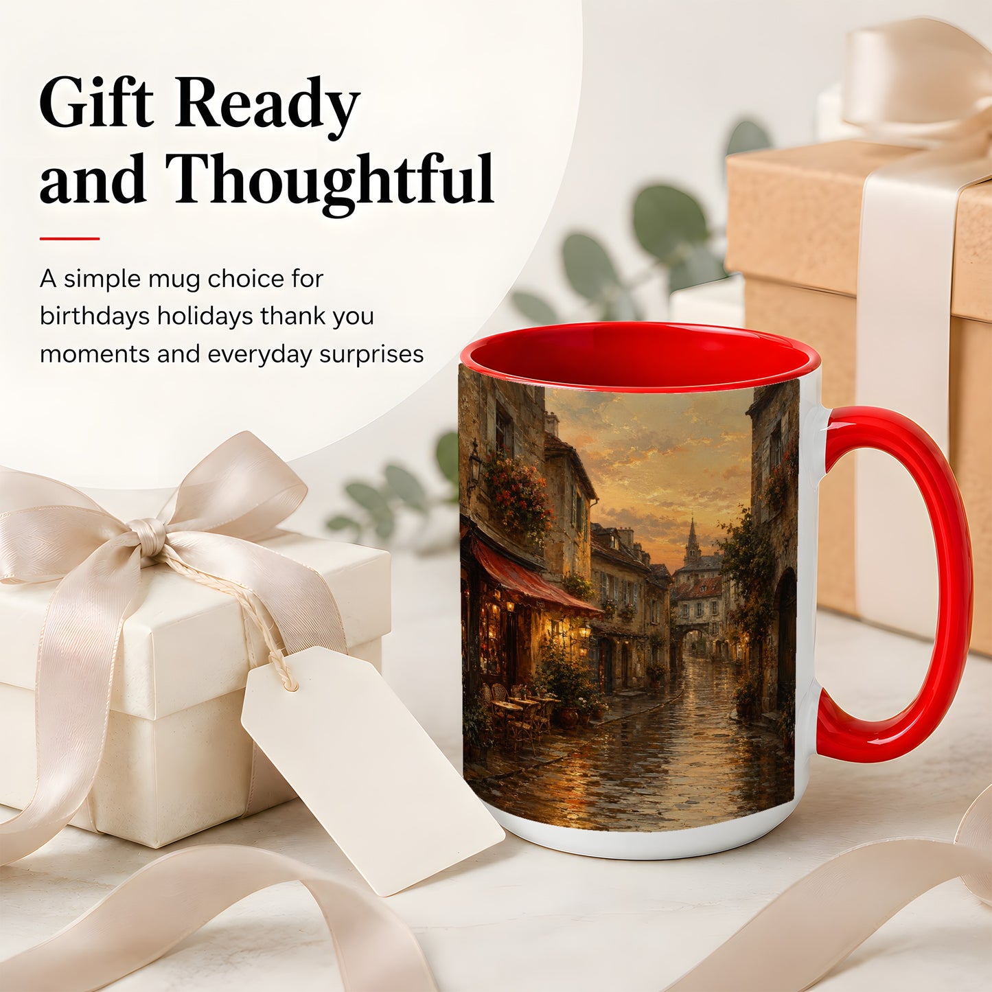 #pl[15oz|Red] Rainy Old Town Ceramic Mug, Cozy European Cafe Street Scene