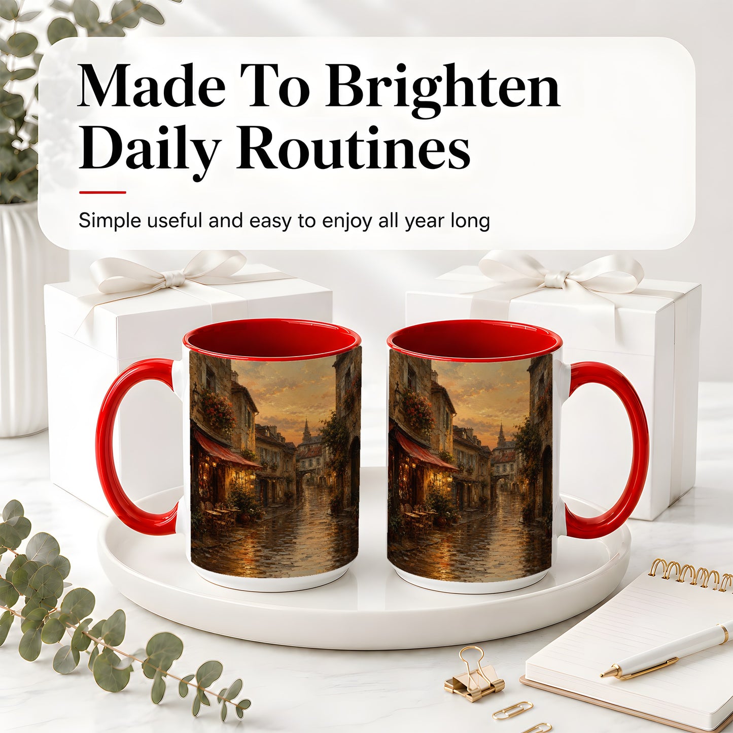 #pl[15oz|Red] Rainy Old Town Ceramic Mug, Cozy European Cafe Street Scene
