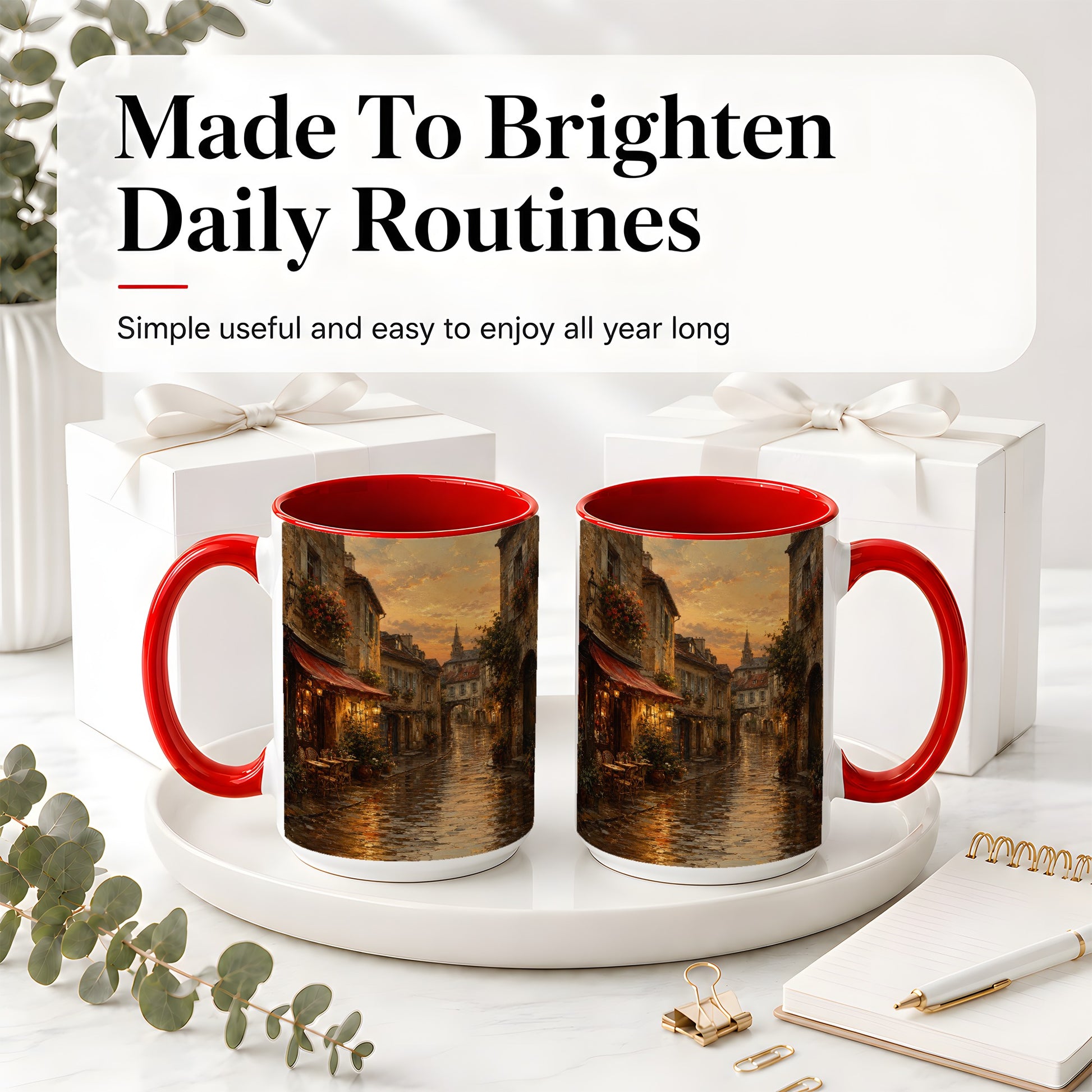#pl[15oz|Red] Rainy Old Town Ceramic Mug, Cozy European Cafe Street Scene