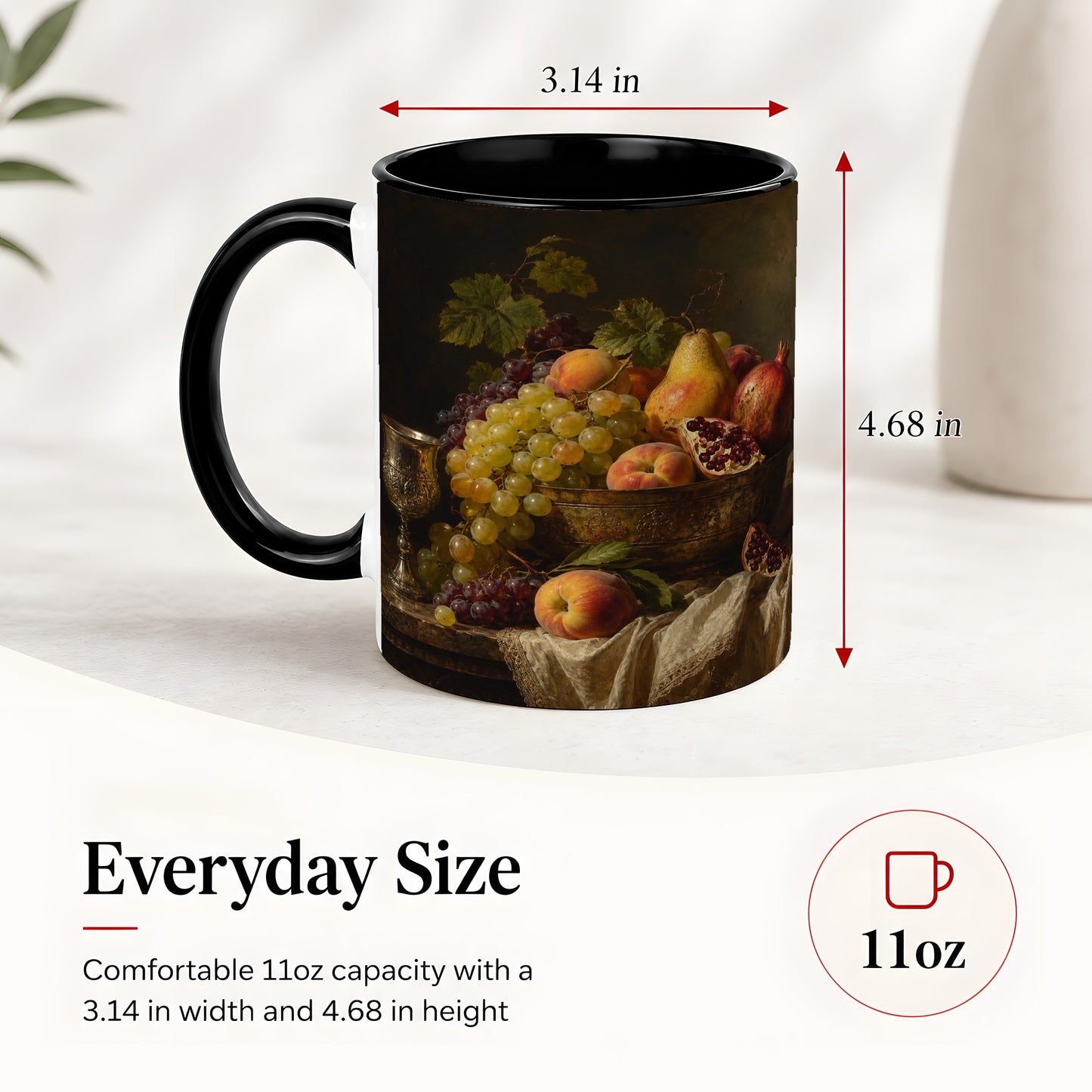 #pl[11oz|Black] Fruit Still Life Ceramic Mug, Vintage Grapes and Pomegranate Art