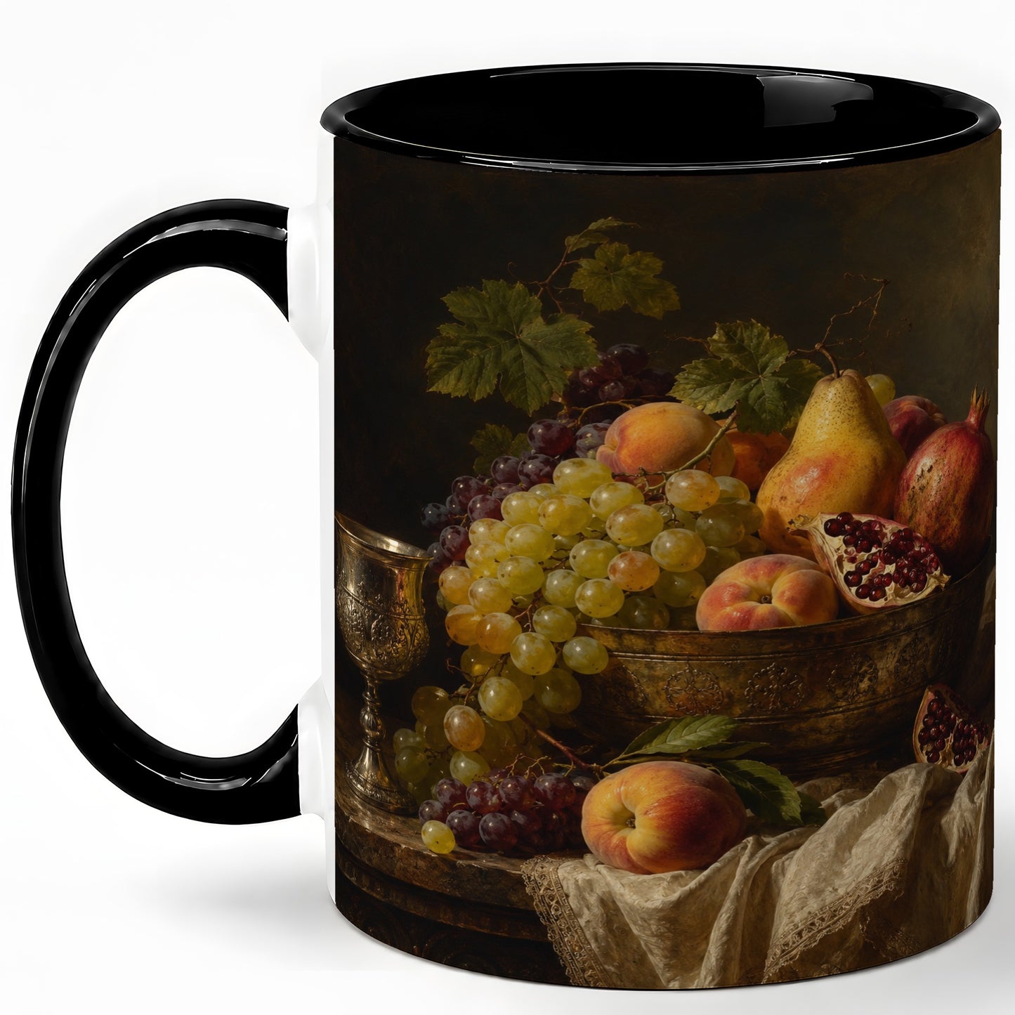 #pl[11oz|Black] Fruit Still Life Ceramic Mug, Vintage Grapes and Pomegranate Art