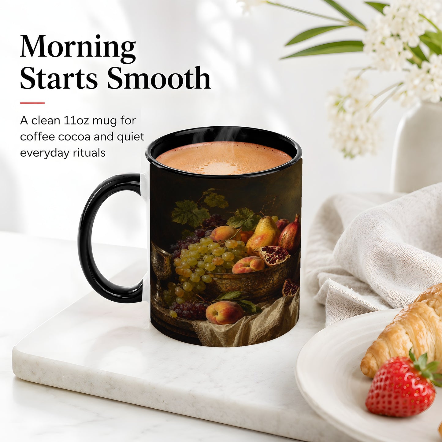 #pl[11oz|Black] Fruit Still Life Ceramic Mug, Vintage Grapes and Pomegranate Art