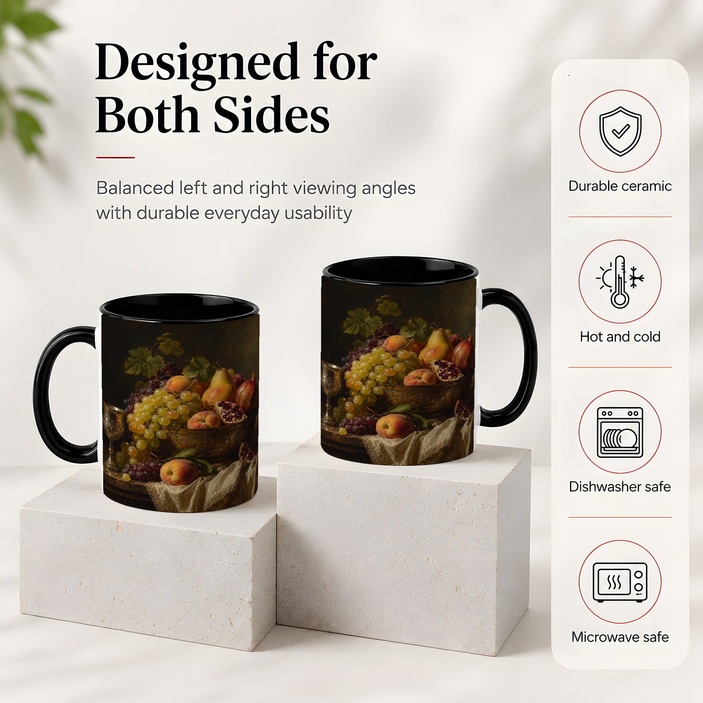 #pl[11oz|Black] Fruit Still Life Ceramic Mug, Vintage Grapes and Pomegranate Art