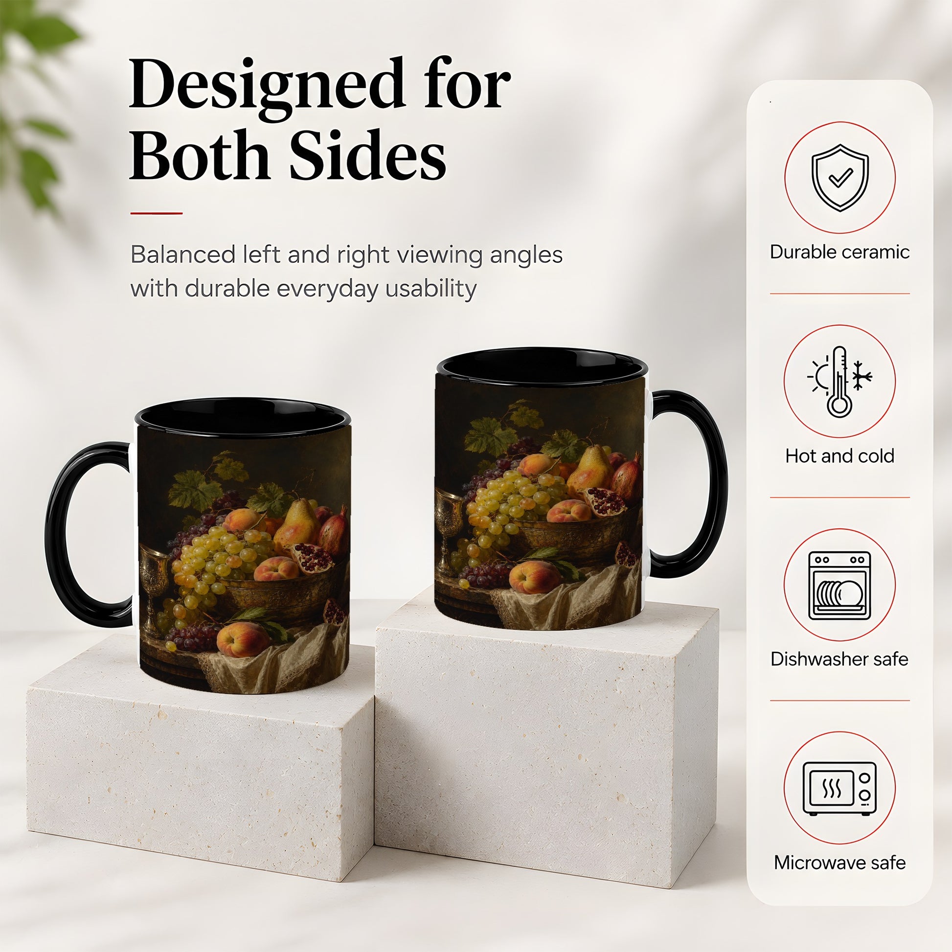 #pl[11oz|Black] Fruit Still Life Ceramic Mug, Vintage Grapes and Pomegranate Art