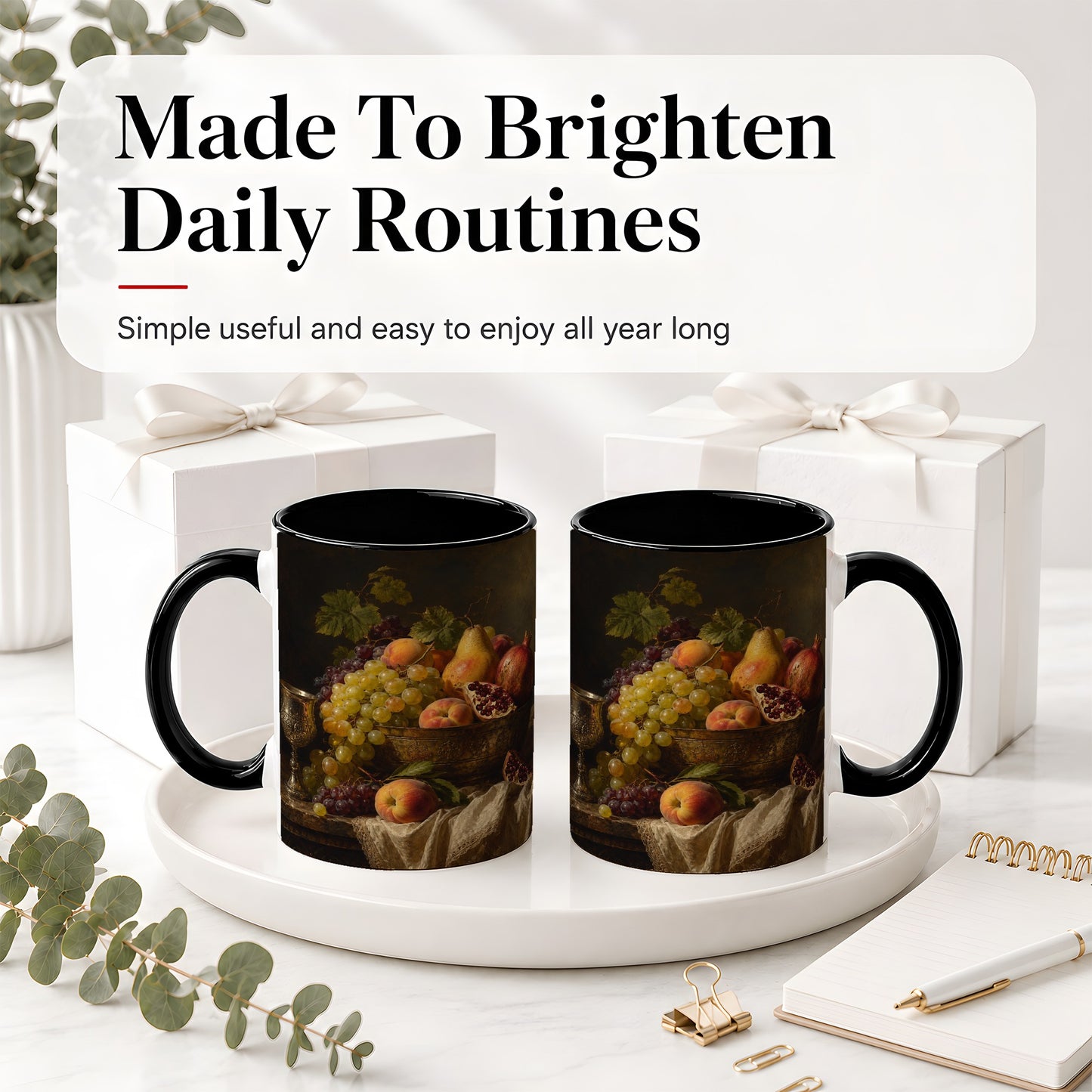 #pl[11oz|Black] Fruit Still Life Ceramic Mug, Vintage Grapes and Pomegranate Art