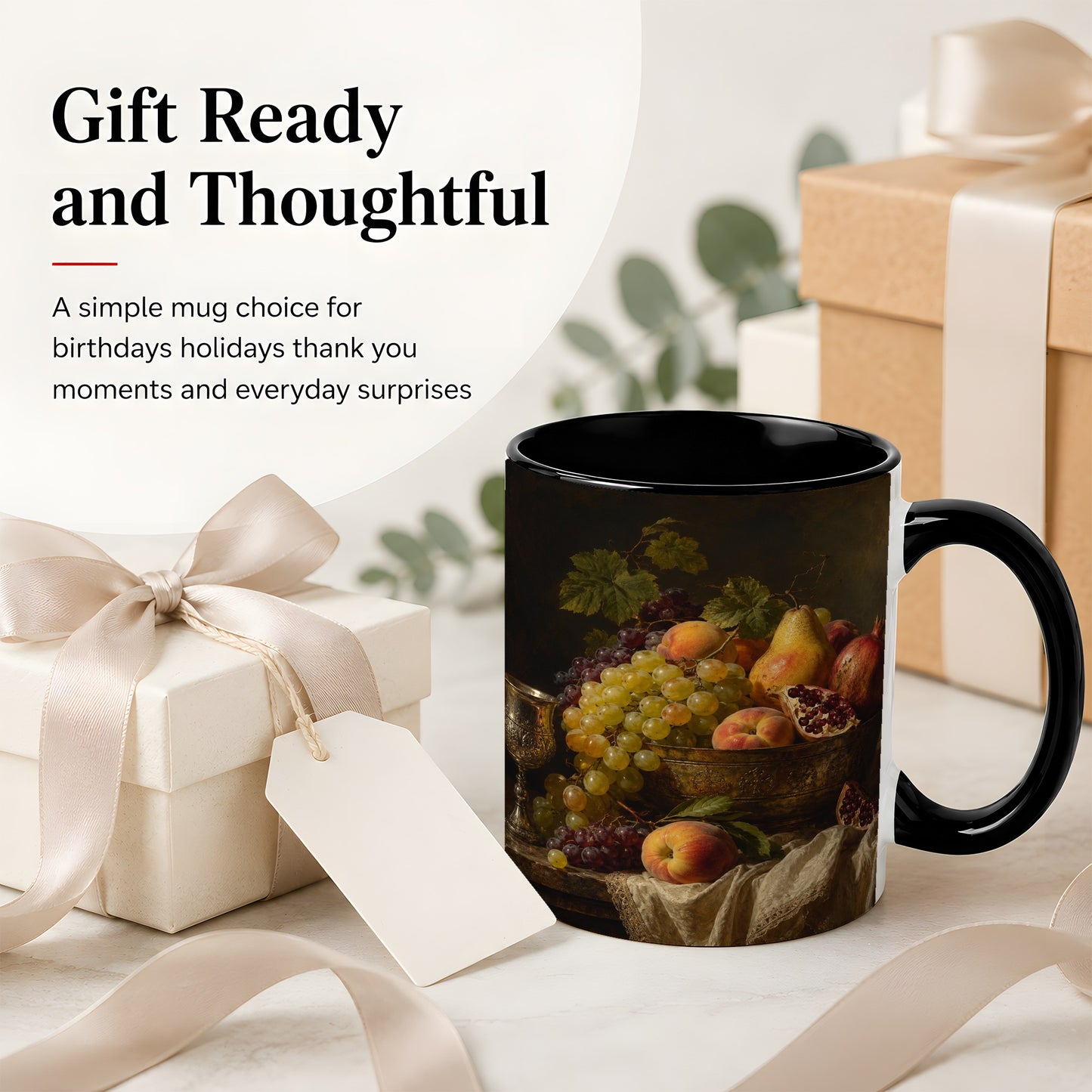 #pl[11oz|Black] Fruit Still Life Ceramic Mug, Vintage Grapes and Pomegranate Art