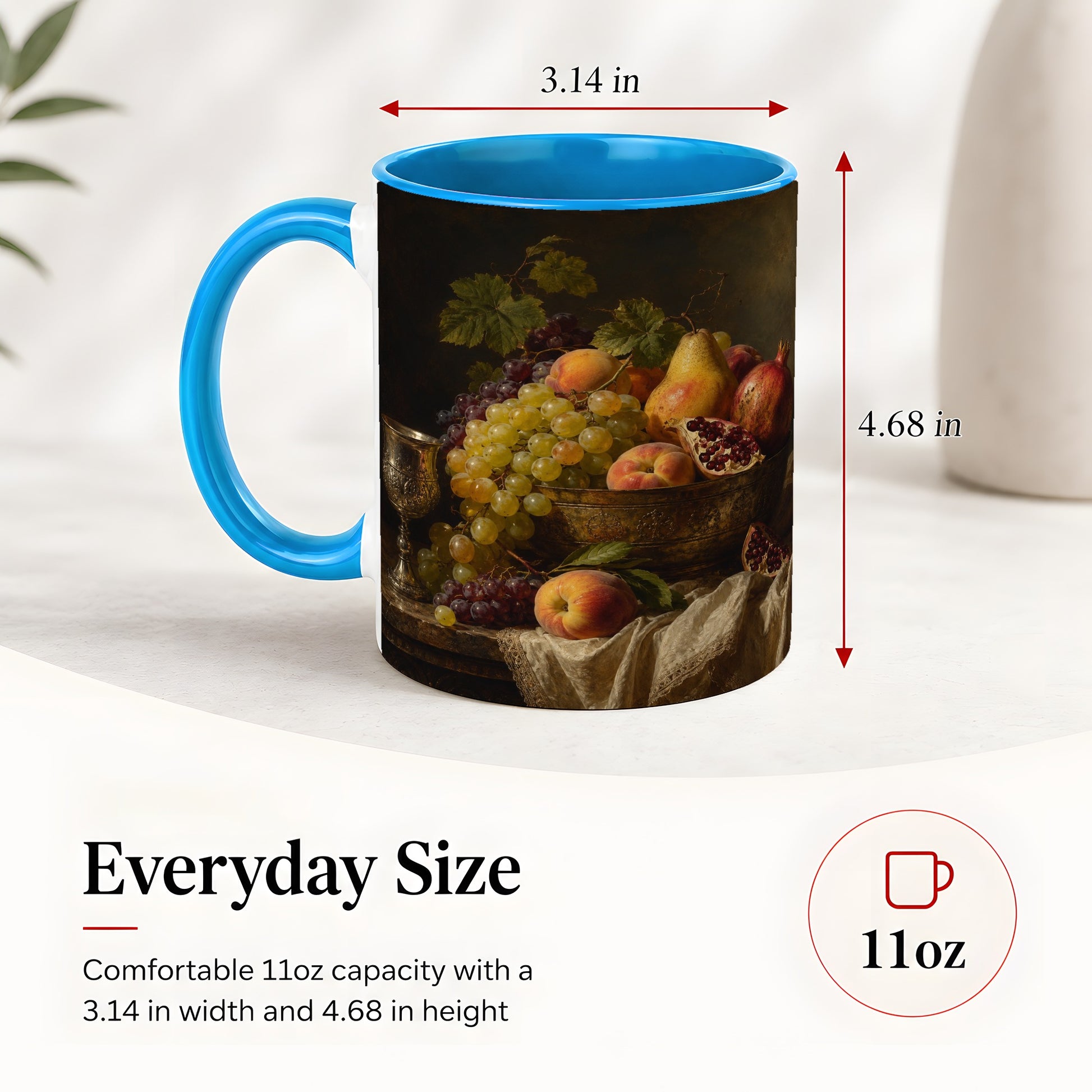 #pl[11oz|Blue] Fruit Still Life Ceramic Mug, Vintage Grapes and Pomegranate Art