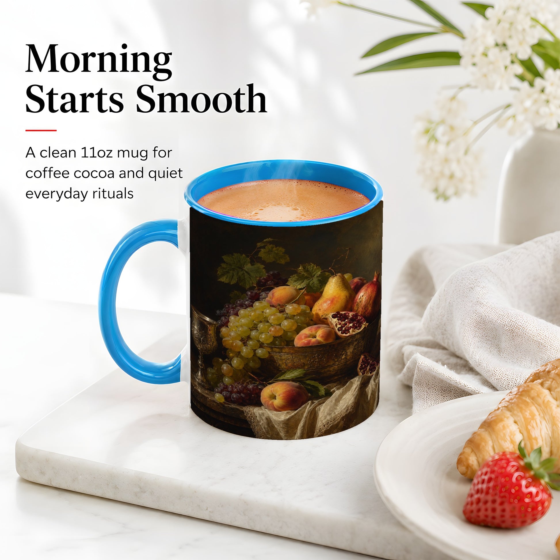 #pl[11oz|Blue] Fruit Still Life Ceramic Mug, Vintage Grapes and Pomegranate Art