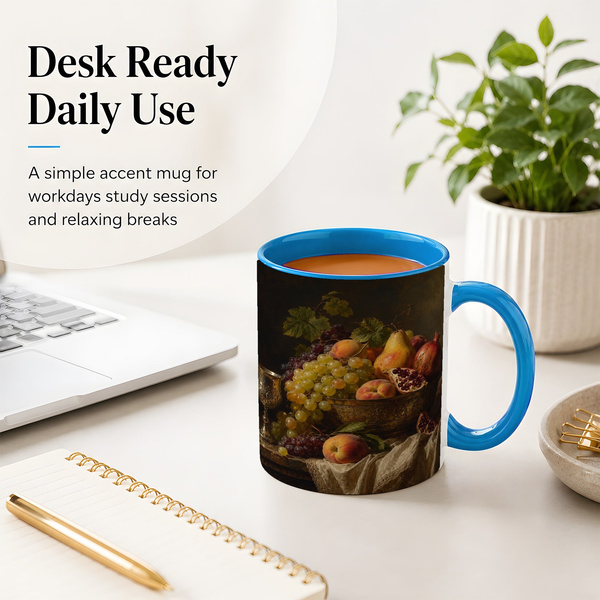 #pl[11oz|Blue] Fruit Still Life Ceramic Mug, Vintage Grapes and Pomegranate Art