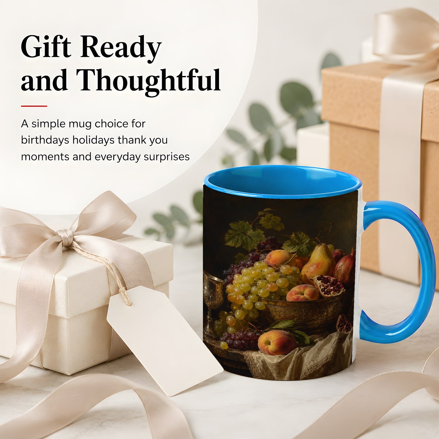 #pl[11oz|Blue] Fruit Still Life Ceramic Mug, Vintage Grapes and Pomegranate Art