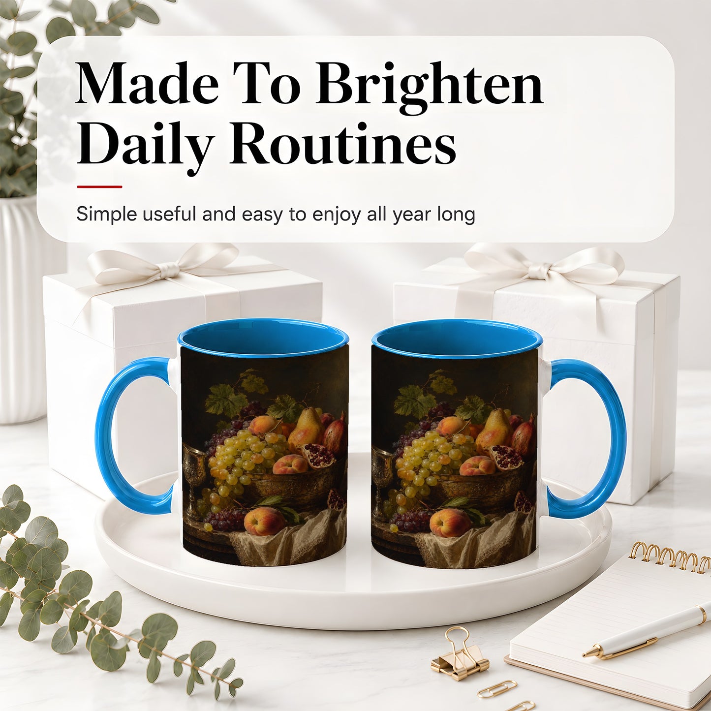 #pl[11oz|Blue] Fruit Still Life Ceramic Mug, Vintage Grapes and Pomegranate Art
