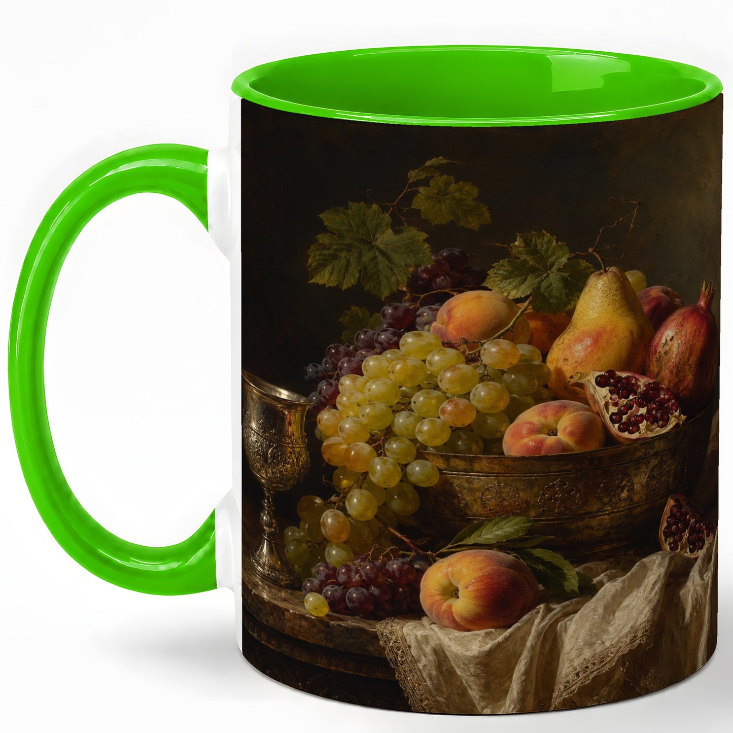 #pl[11oz|Green] Fruit Still Life Ceramic Mug, Vintage Grapes and Pomegranate Art