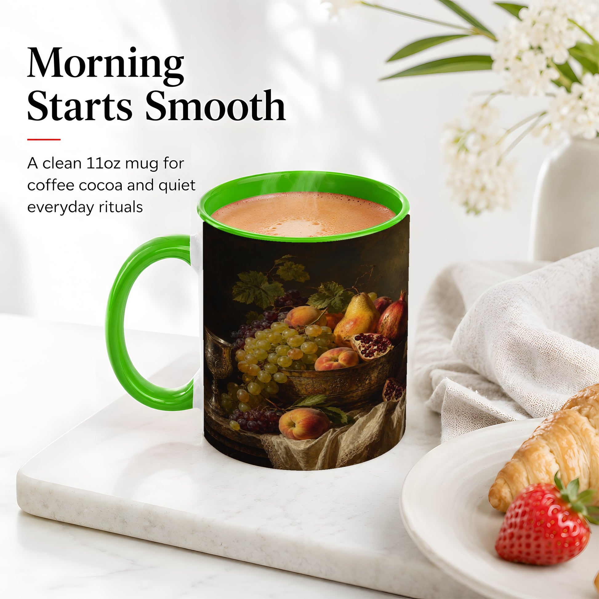 #pl[11oz|Green] Fruit Still Life Ceramic Mug, Vintage Grapes and Pomegranate Art