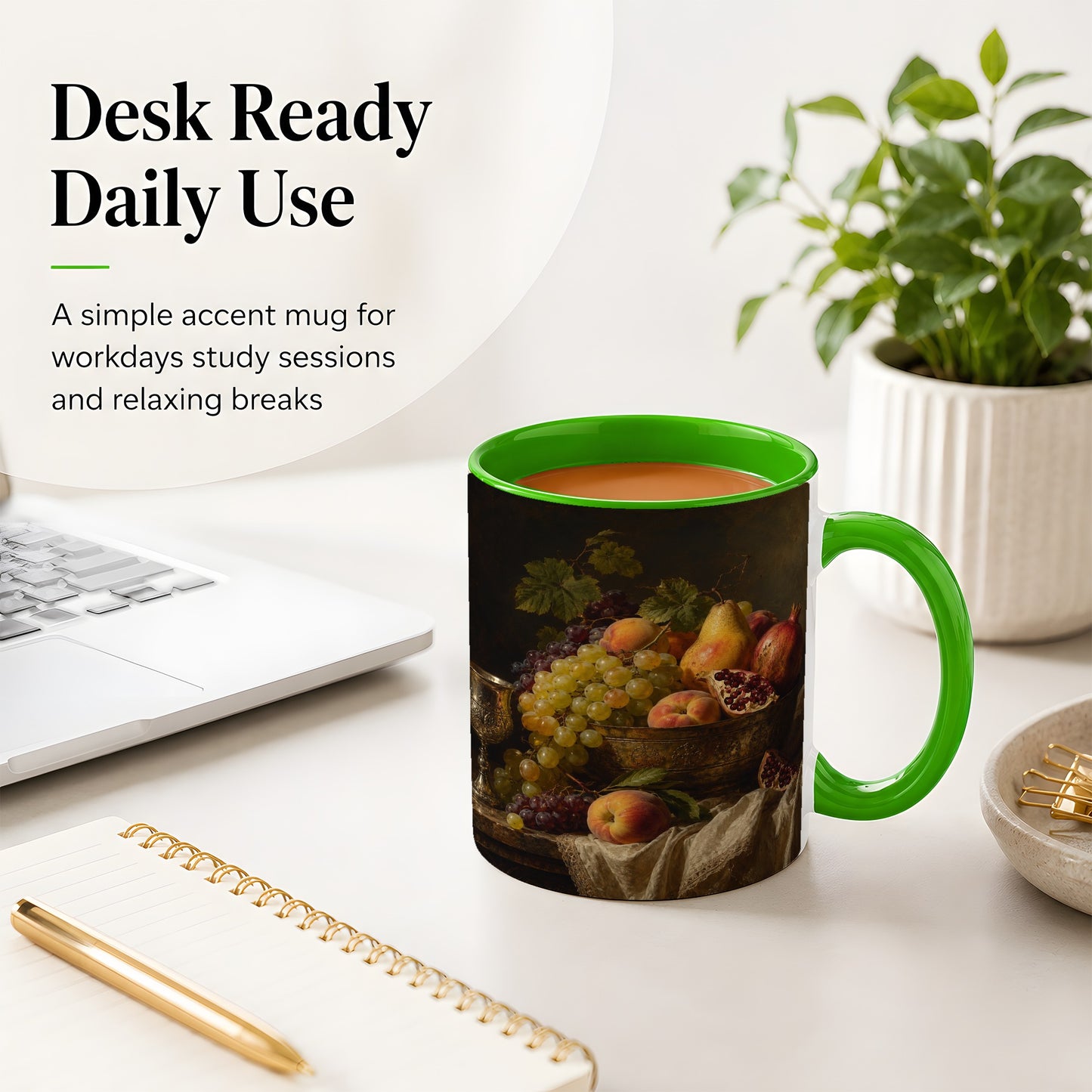 #pl[11oz|Green] Fruit Still Life Ceramic Mug, Vintage Grapes and Pomegranate Art