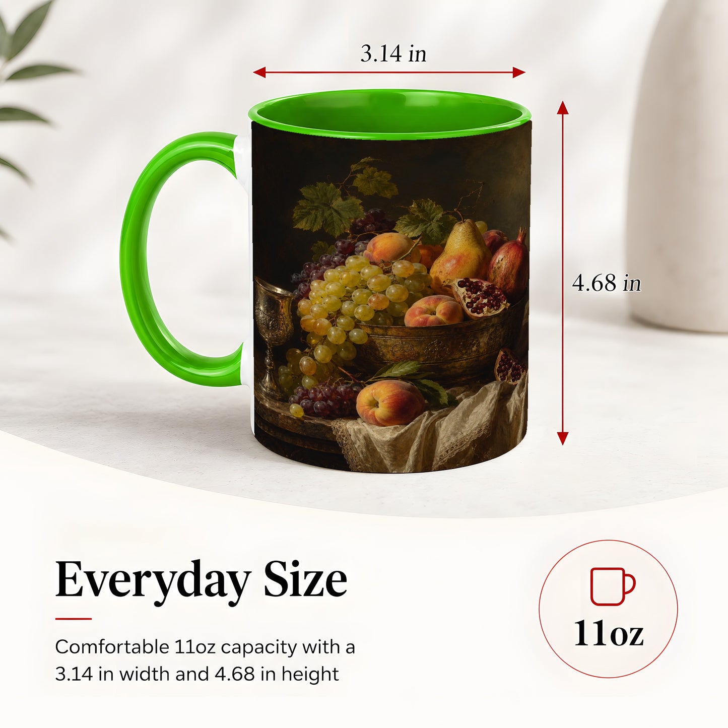 #pl[11oz|Green] Fruit Still Life Ceramic Mug, Vintage Grapes and Pomegranate Art