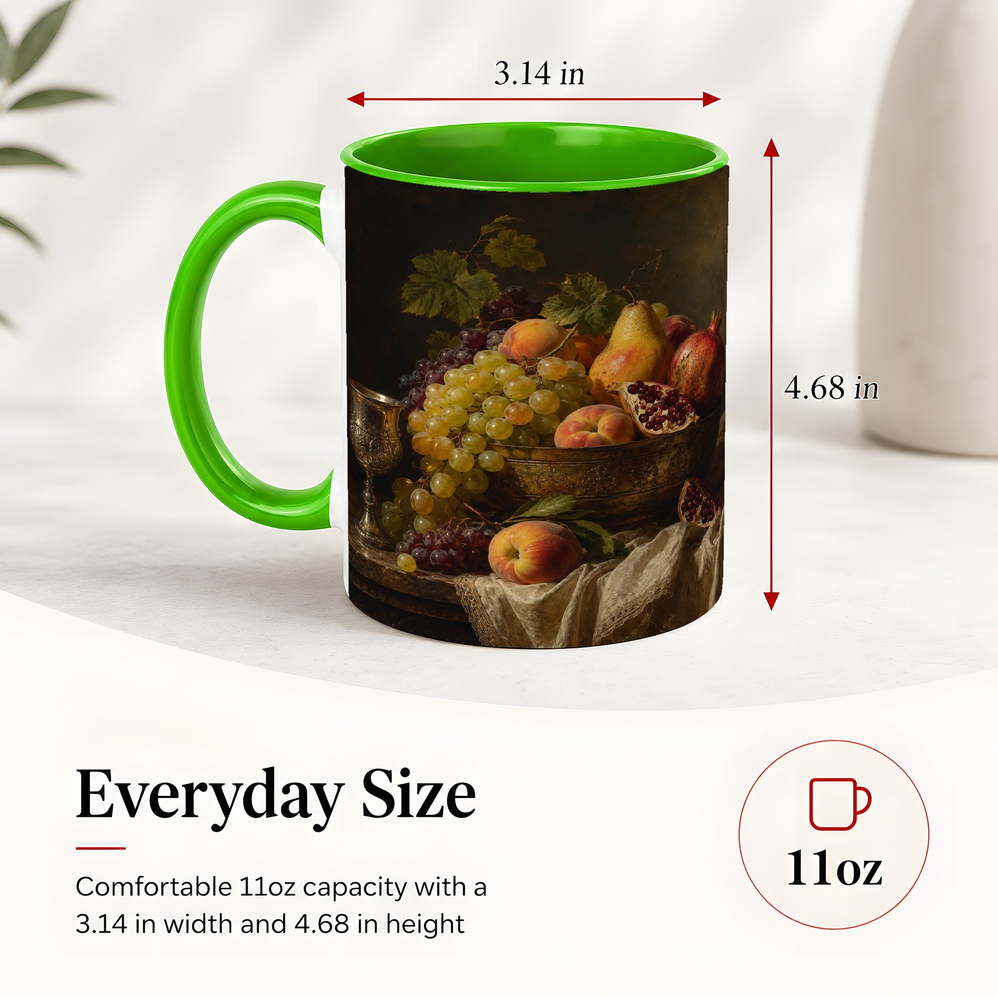 #pl[11oz|Green] Fruit Still Life Ceramic Mug, Vintage Grapes and Pomegranate Art