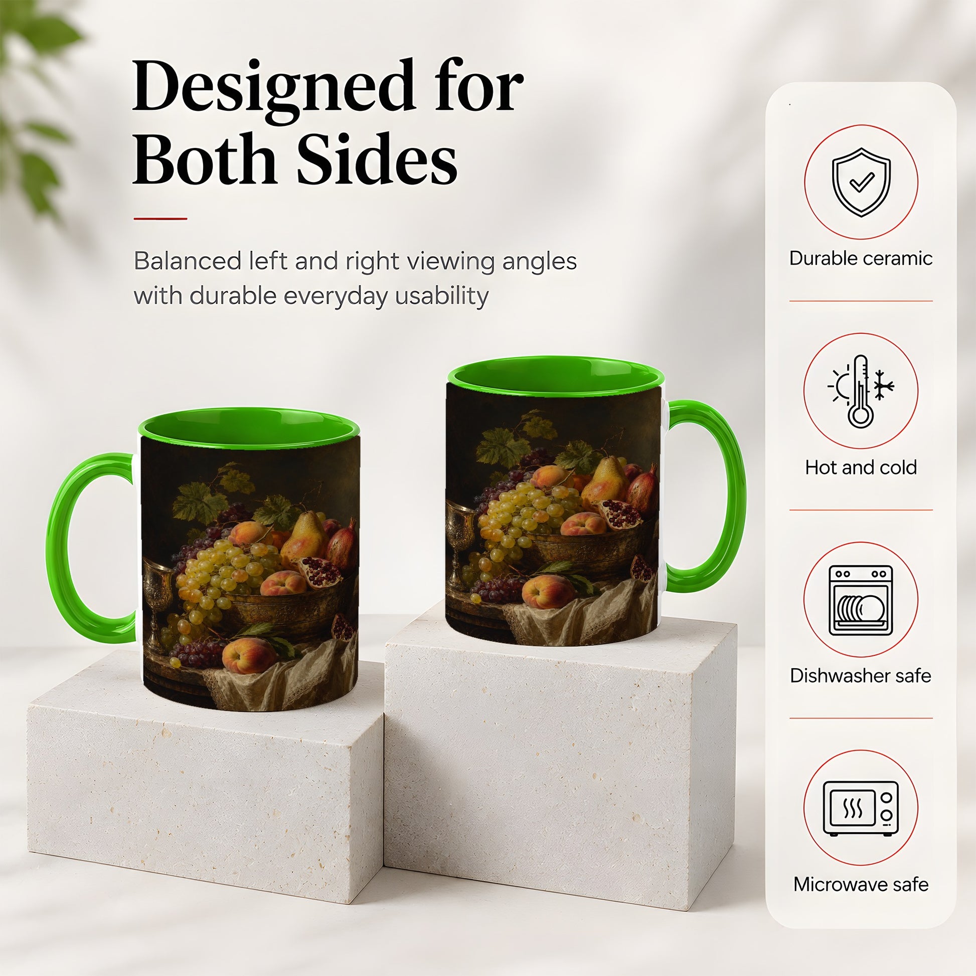 #pl[11oz|Green] Fruit Still Life Ceramic Mug, Vintage Grapes and Pomegranate Art