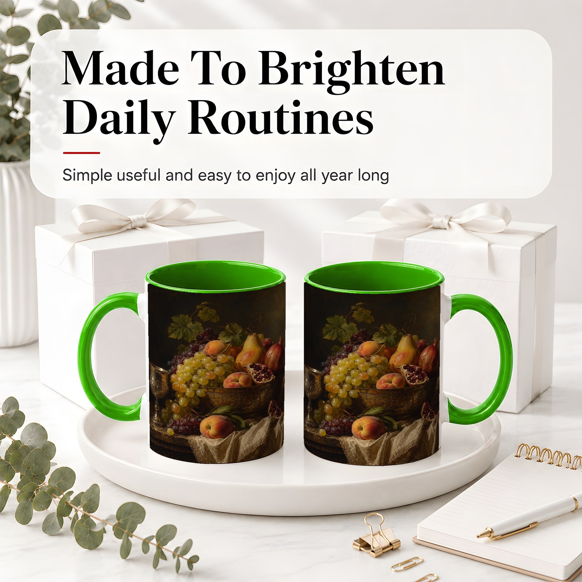 #pl[11oz|Green] Fruit Still Life Ceramic Mug, Vintage Grapes and Pomegranate Art