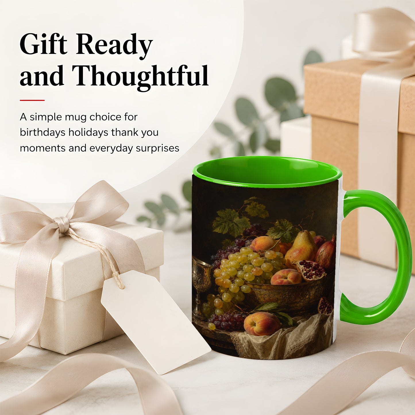 #pl[11oz|Green] Fruit Still Life Ceramic Mug, Vintage Grapes and Pomegranate Art