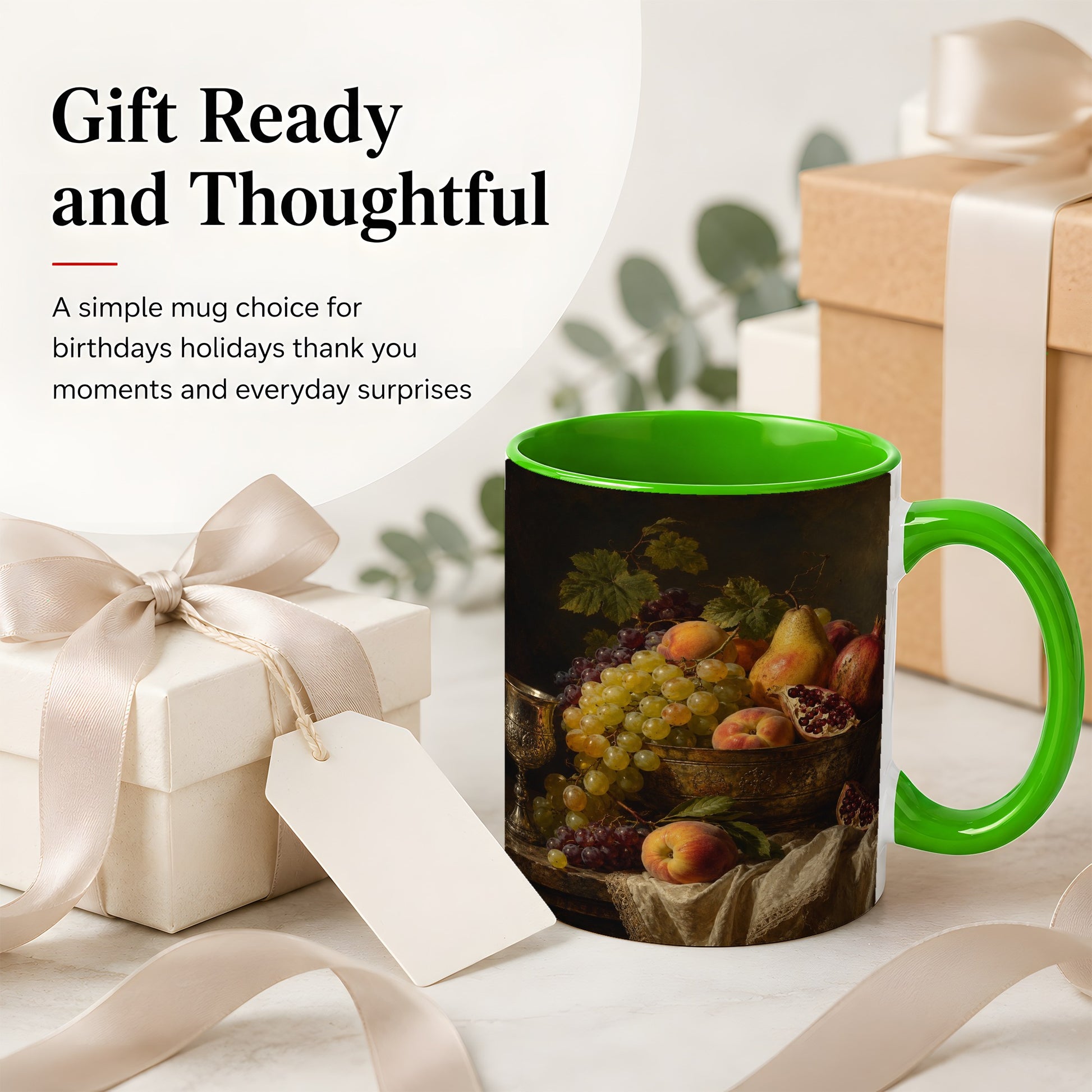 #pl[11oz|Green] Fruit Still Life Ceramic Mug, Vintage Grapes and Pomegranate Art
