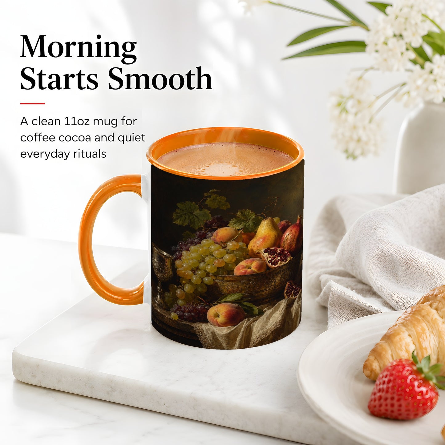#pl[11oz|Orange] Fruit Still Life Ceramic Mug, Vintage Grapes and Pomegranate Art
