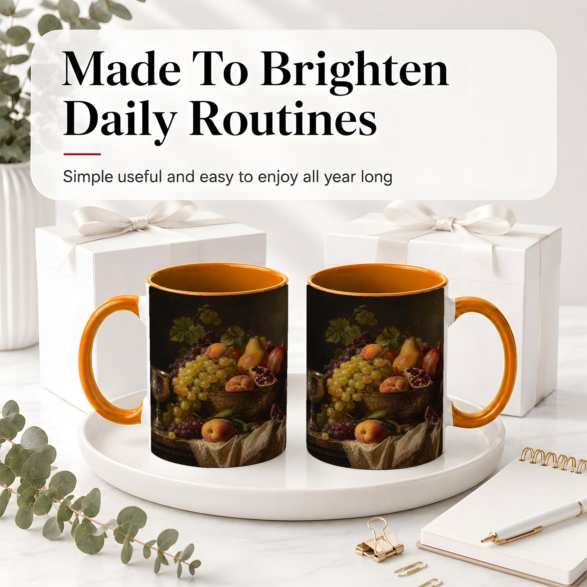 #pl[11oz|Orange] Fruit Still Life Ceramic Mug, Vintage Grapes and Pomegranate Art