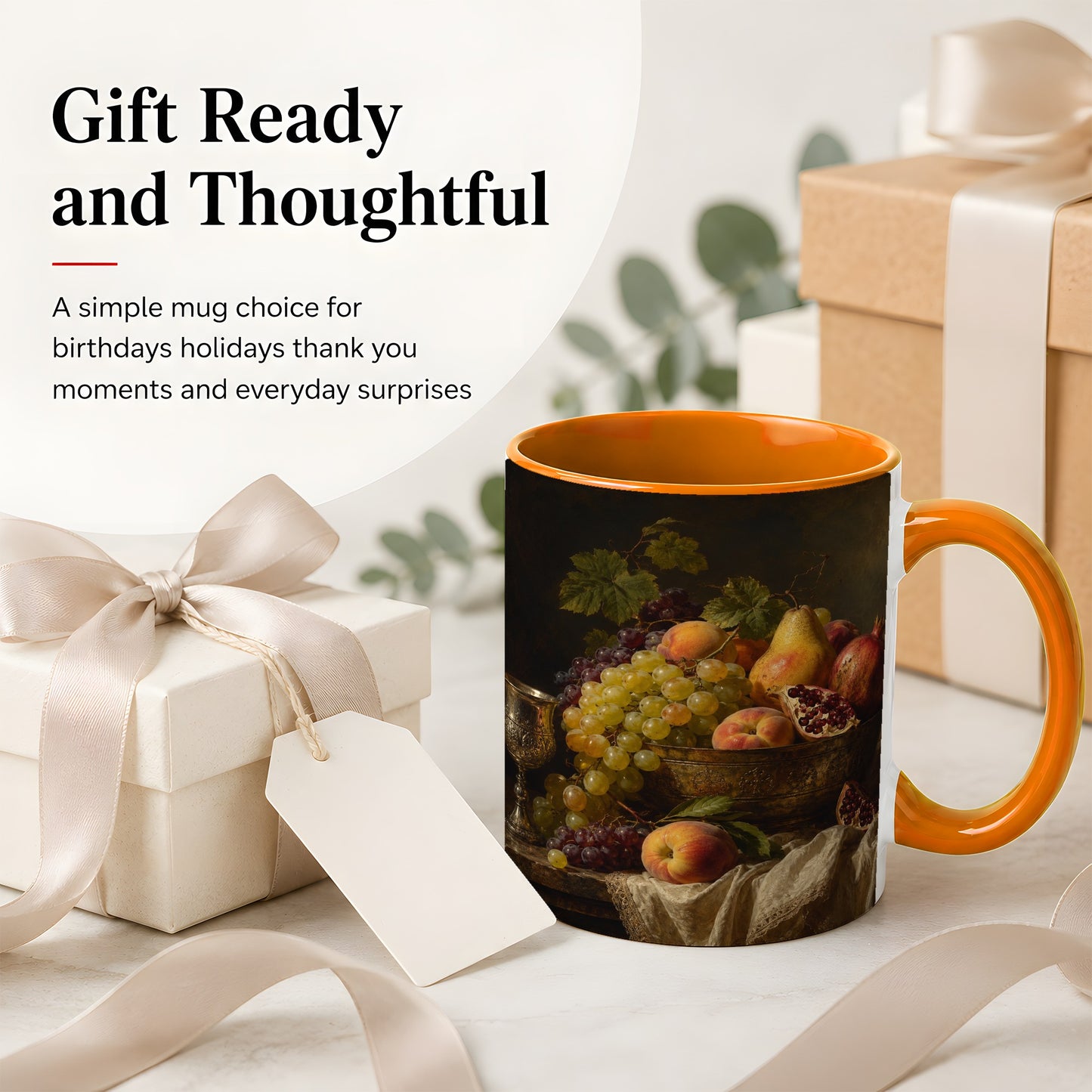 #pl[11oz|Orange] Fruit Still Life Ceramic Mug, Vintage Grapes and Pomegranate Art