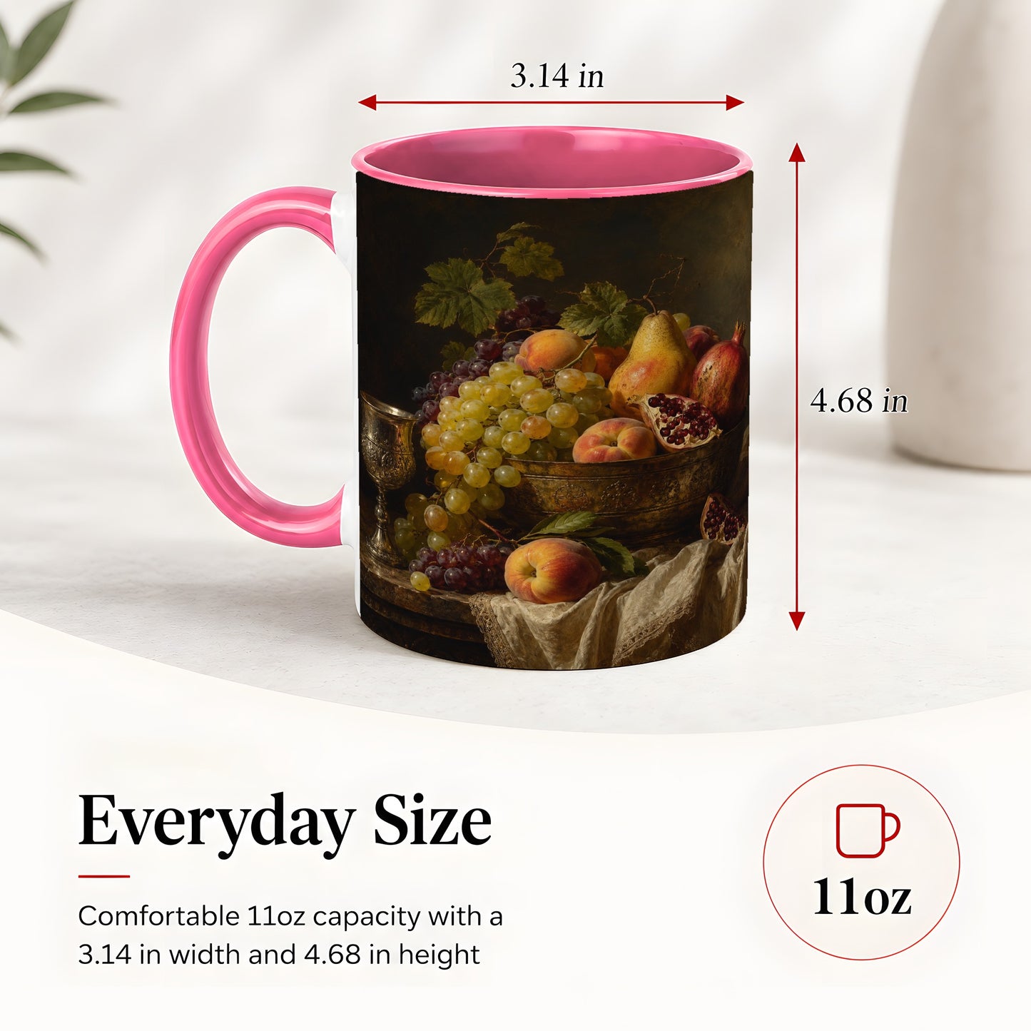 #pl[11oz|Pink] Fruit Still Life Ceramic Mug, Vintage Grapes and Pomegranate Art