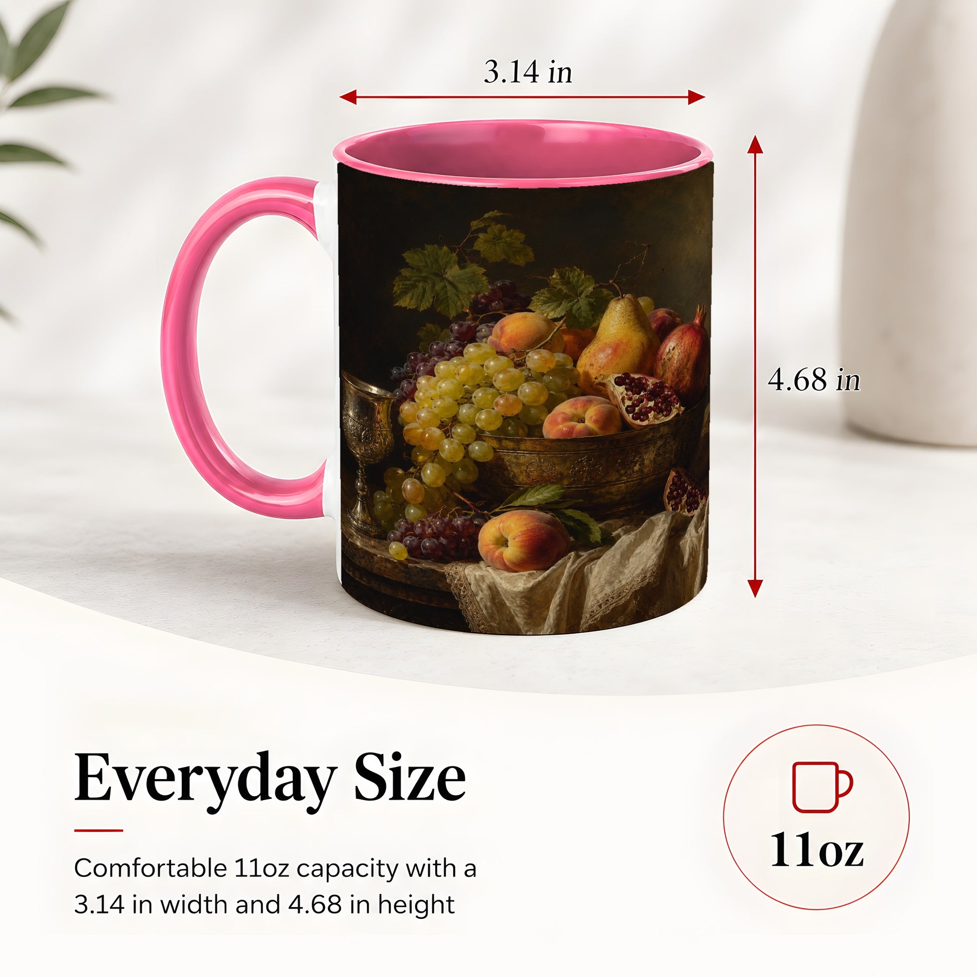 #pl[11oz|Pink] Fruit Still Life Ceramic Mug, Vintage Grapes and Pomegranate Art