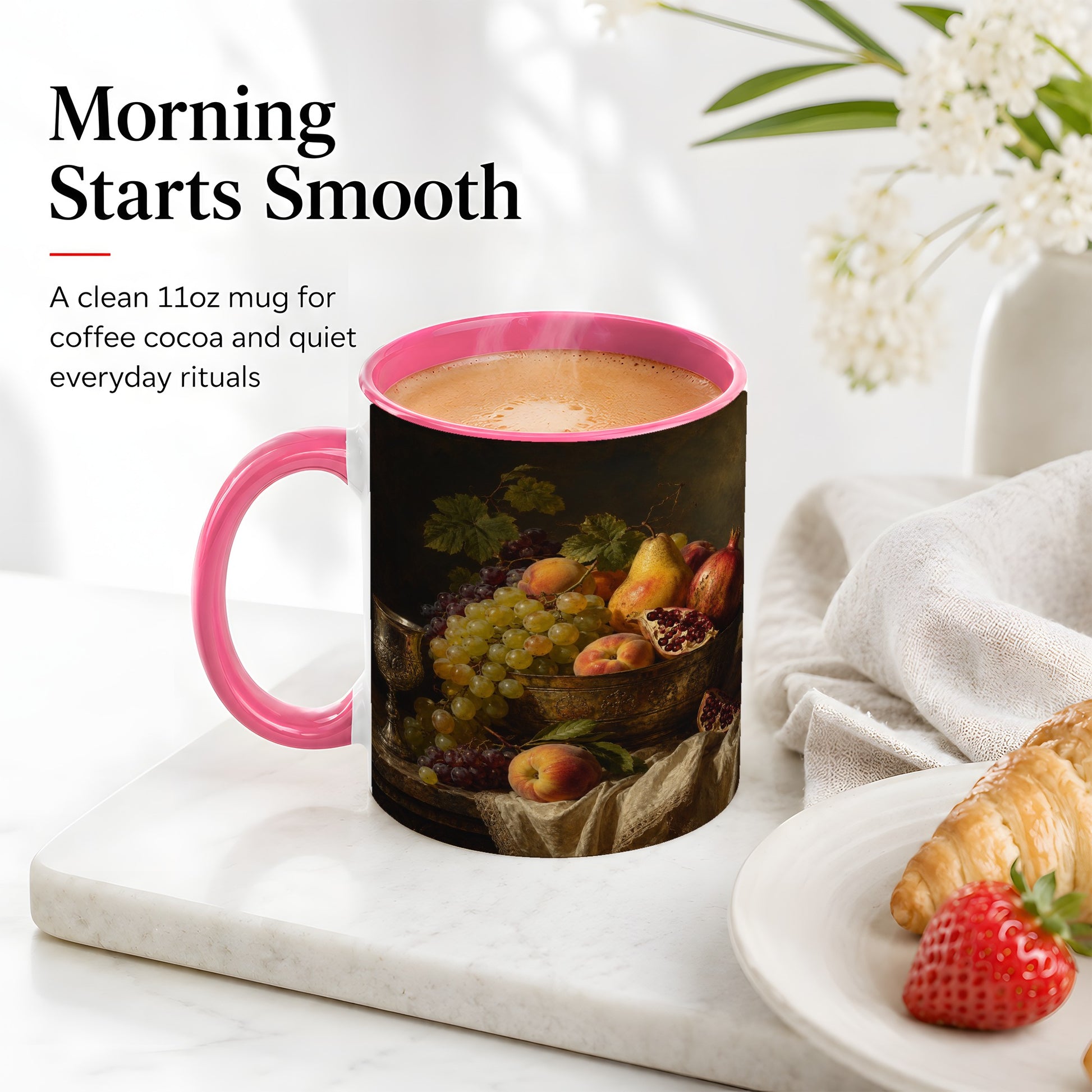 #pl[11oz|Pink] Fruit Still Life Ceramic Mug, Vintage Grapes and Pomegranate Art