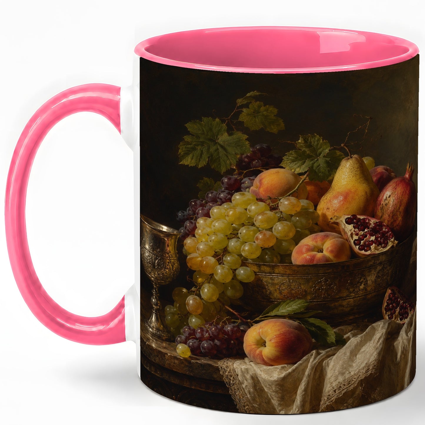 #pl[11oz|Pink] Fruit Still Life Ceramic Mug, Vintage Grapes and Pomegranate Art