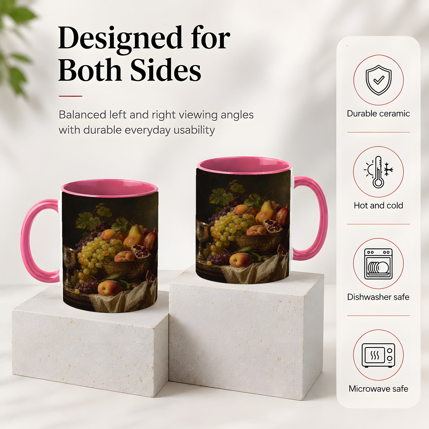 #pl[11oz|Pink] Fruit Still Life Ceramic Mug, Vintage Grapes and Pomegranate Art