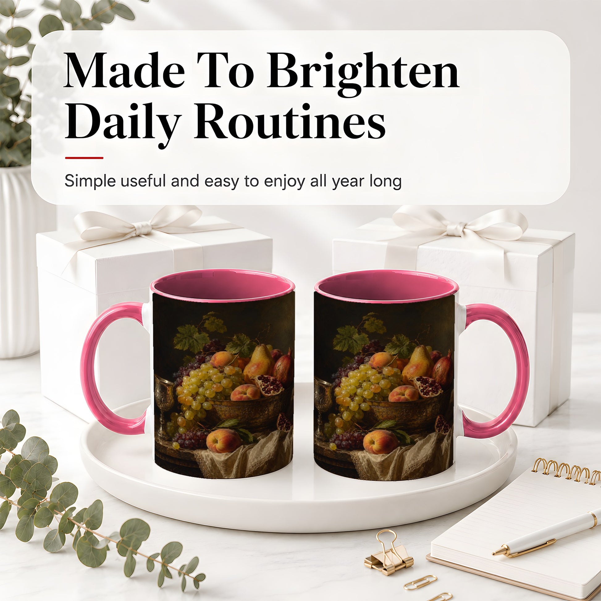 #pl[11oz|Pink] Fruit Still Life Ceramic Mug, Vintage Grapes and Pomegranate Art