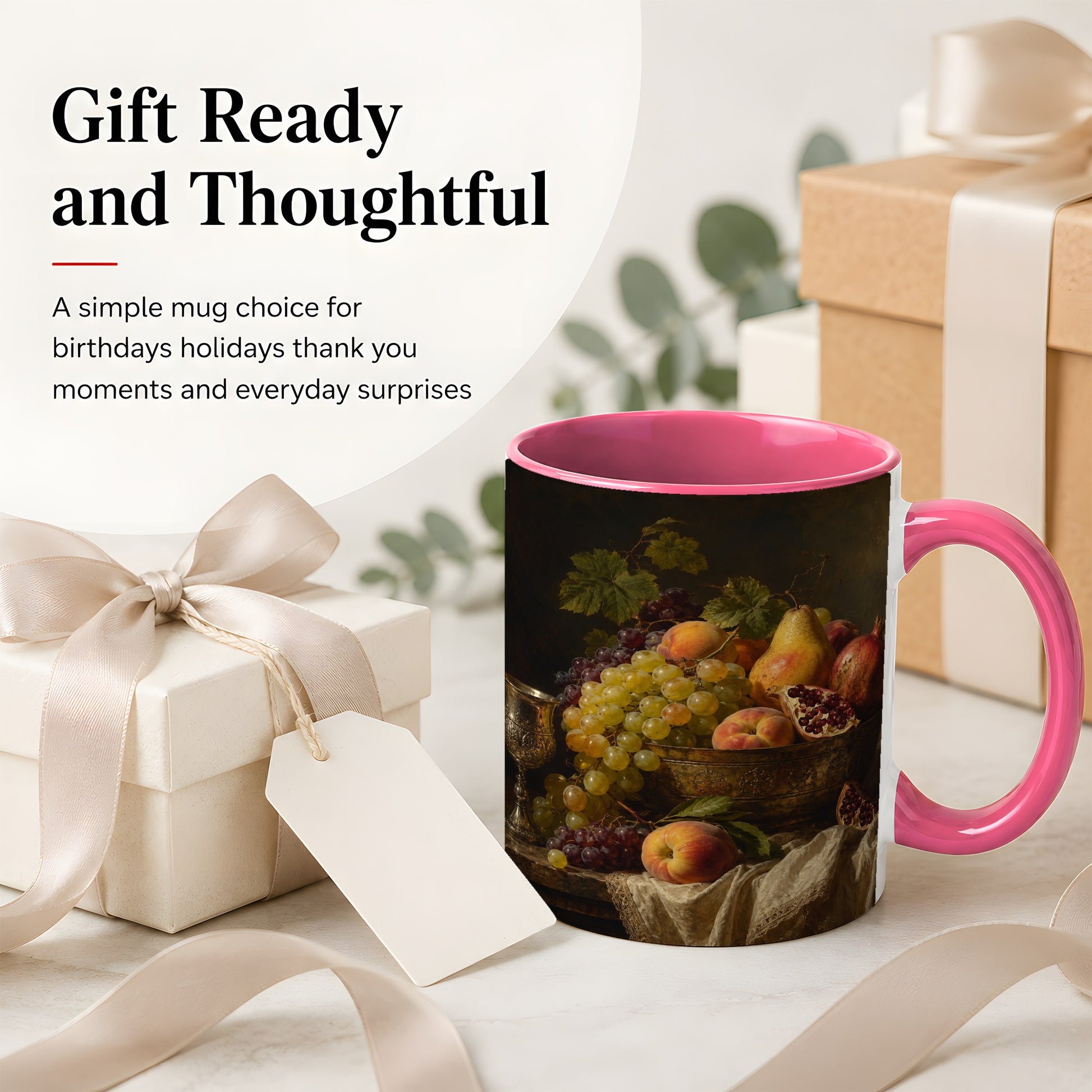 #pl[11oz|Pink] Fruit Still Life Ceramic Mug, Vintage Grapes and Pomegranate Art