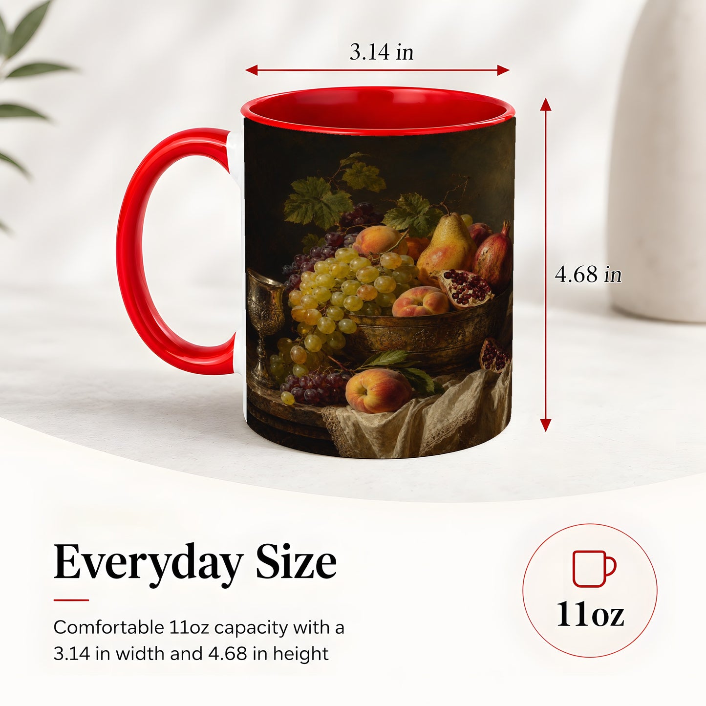 #pl[11oz|Red] Fruit Still Life Ceramic Mug, Vintage Grapes and Pomegranate Art