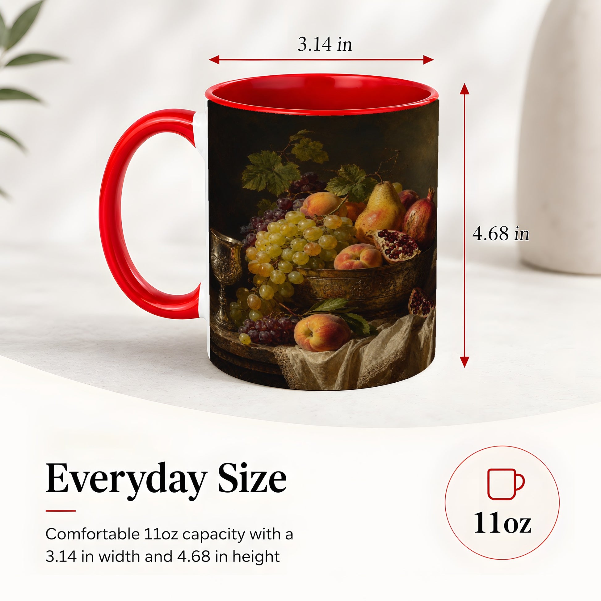 #pl[11oz|Red] Fruit Still Life Ceramic Mug, Vintage Grapes and Pomegranate Art