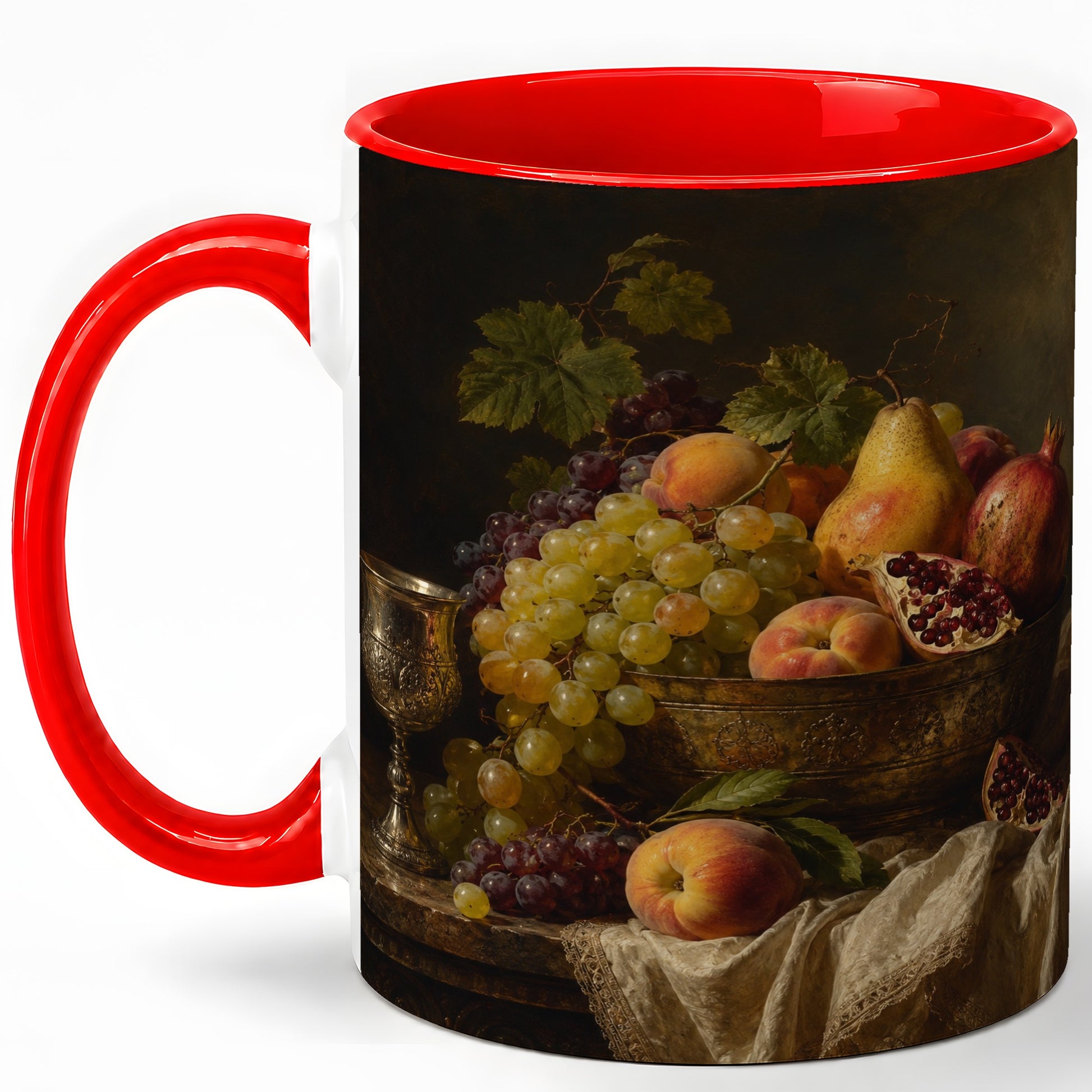 Fruit Still Life Ceramic Mug, Vintage Grapes and Pomegranate Art