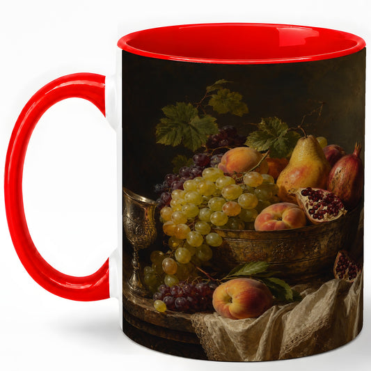 Fruit Still Life Ceramic Mug, Vintage Grapes and Pomegranate Art