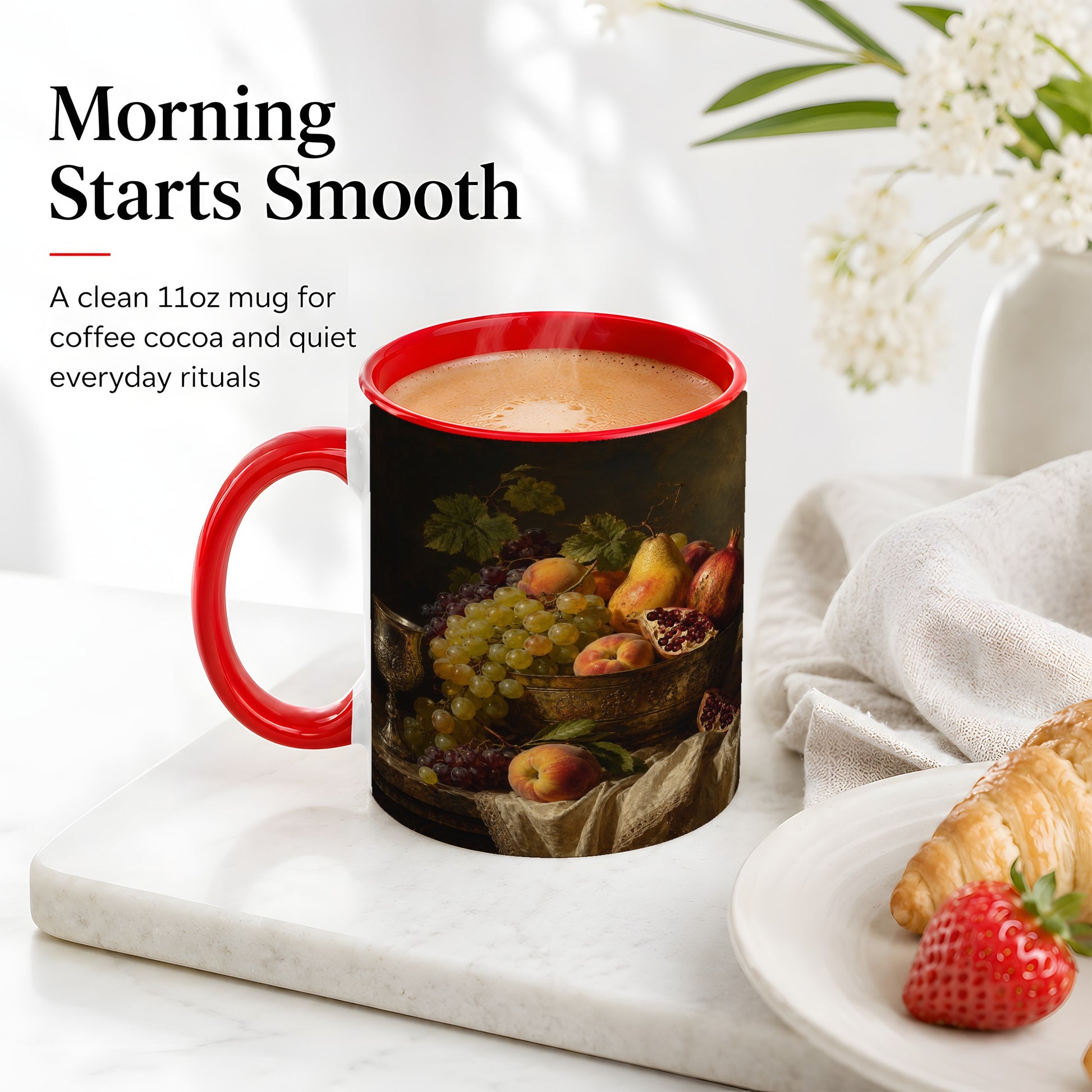 #pl[11oz|Red] Fruit Still Life Ceramic Mug, Vintage Grapes and Pomegranate Art