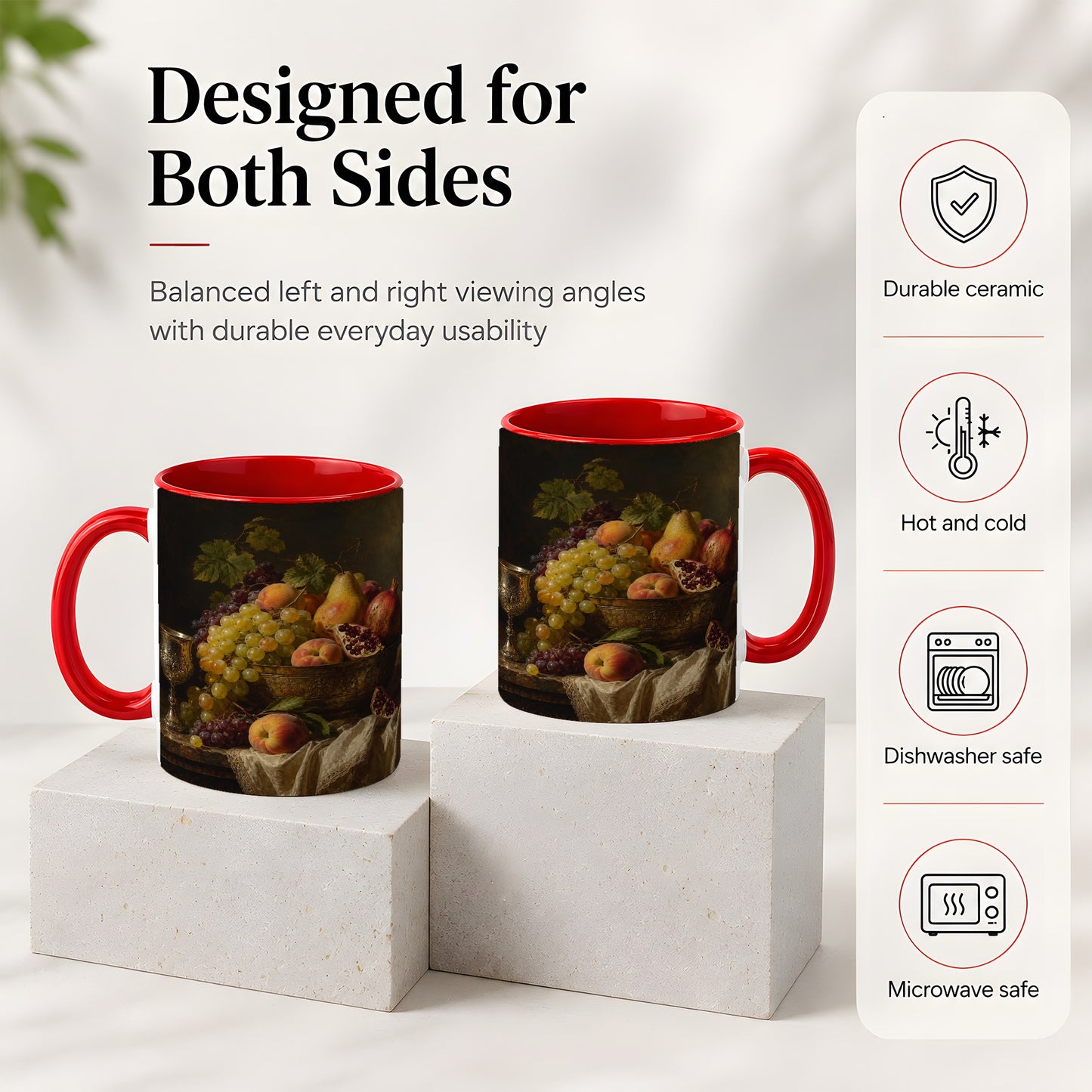 #pl[11oz|Red] Fruit Still Life Ceramic Mug, Vintage Grapes and Pomegranate Art
