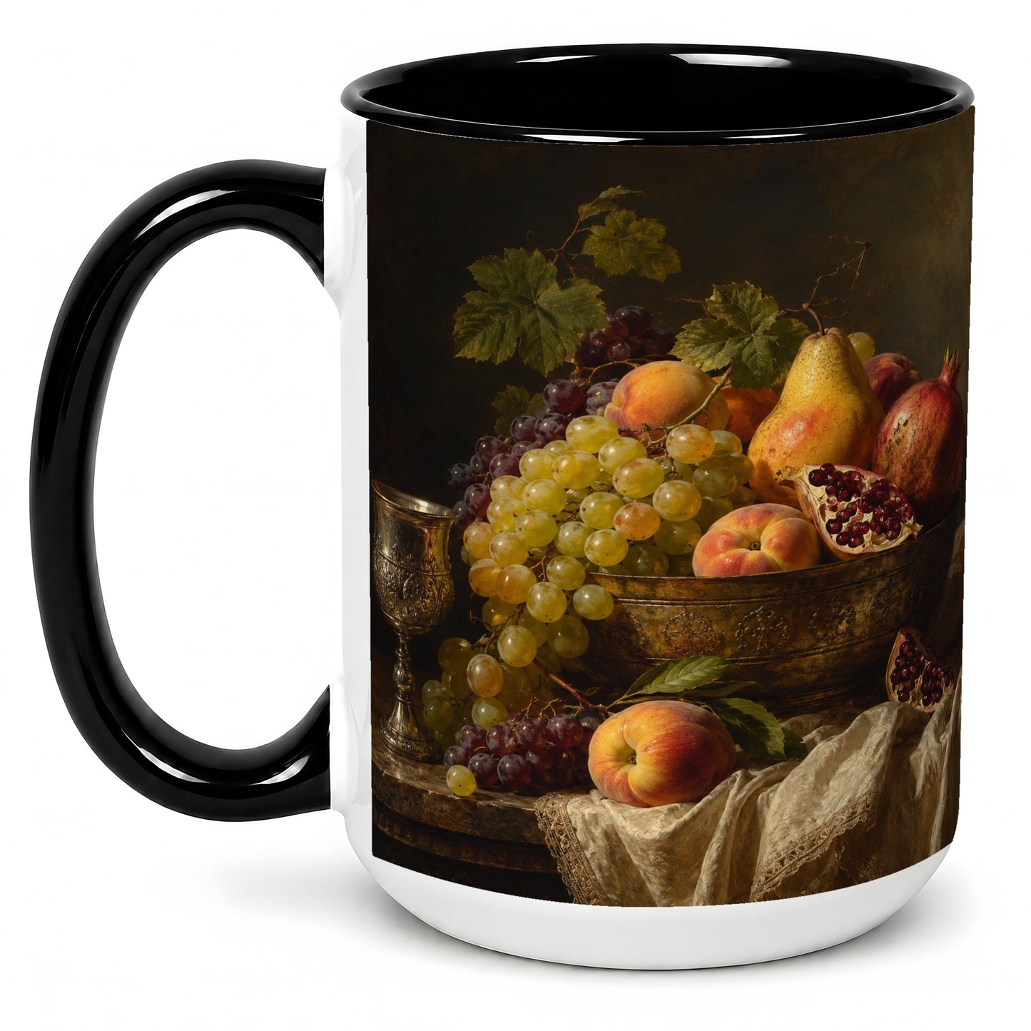 #pl[15oz|Black] Fruit Still Life Ceramic Mug, Vintage Grapes and Pomegranate Art
