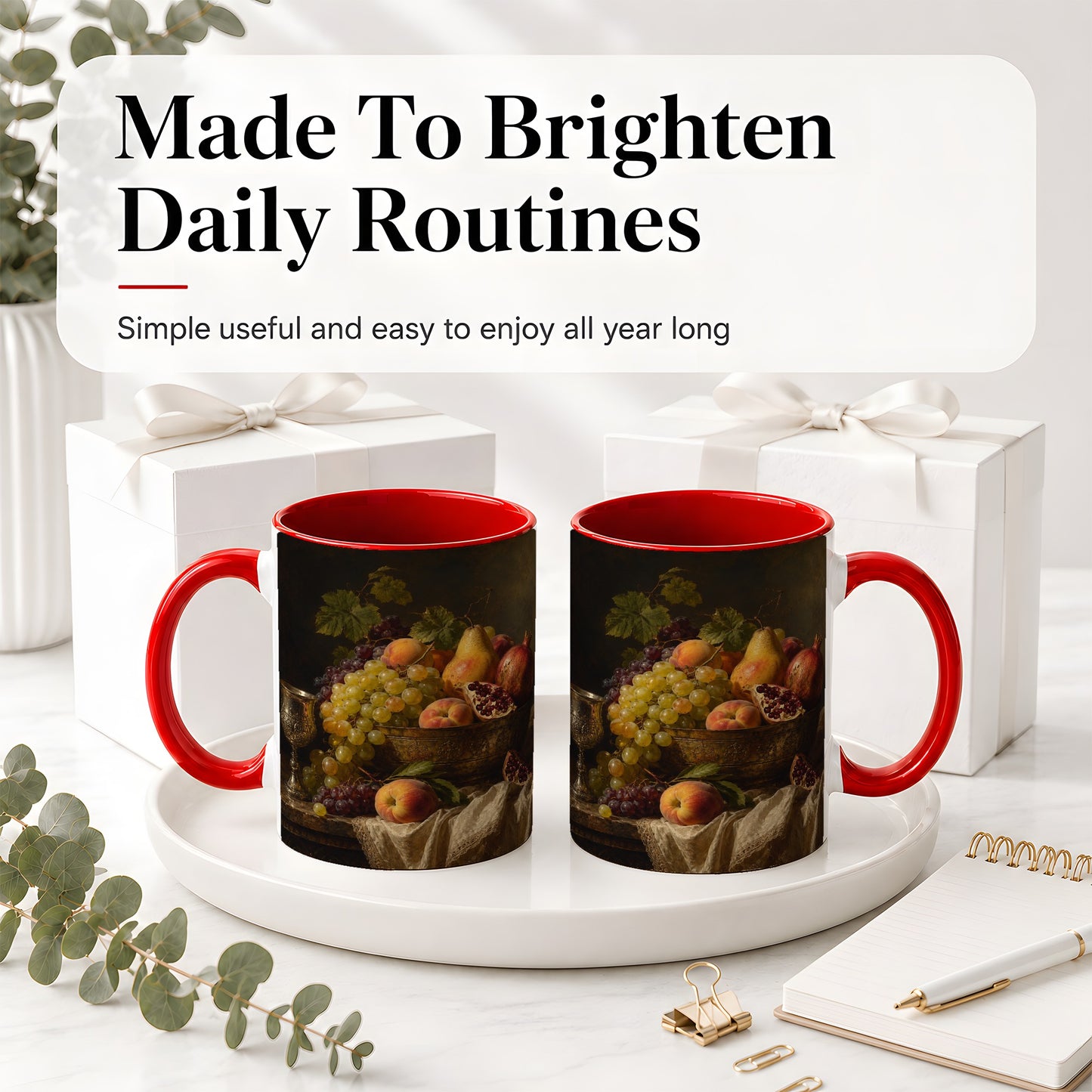 #pl[11oz|Red] Fruit Still Life Ceramic Mug, Vintage Grapes and Pomegranate Art