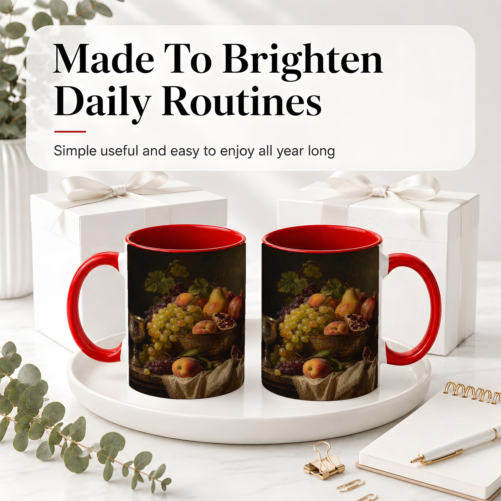 #pl[11oz|Red] Fruit Still Life Ceramic Mug, Vintage Grapes and Pomegranate Art