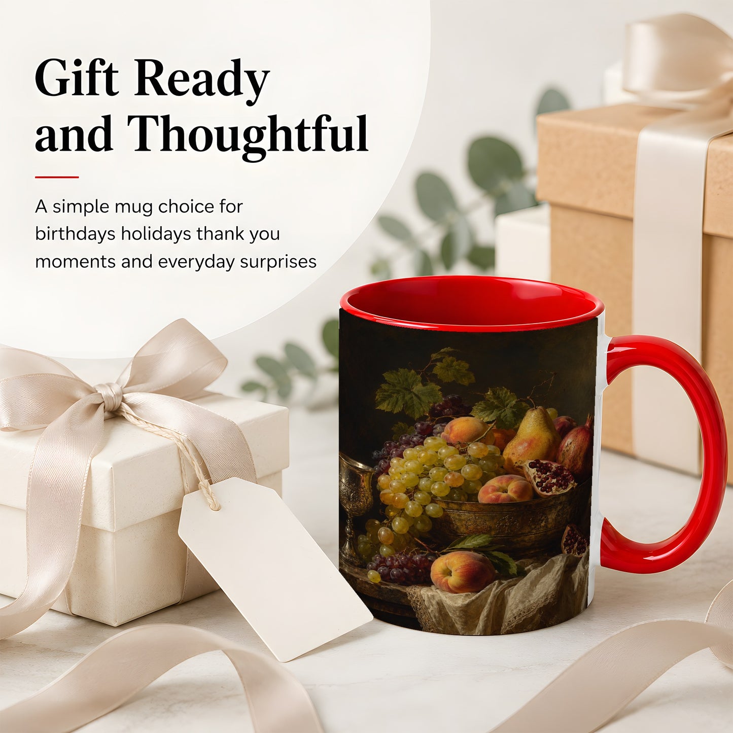 #pl[11oz|Red] Fruit Still Life Ceramic Mug, Vintage Grapes and Pomegranate Art