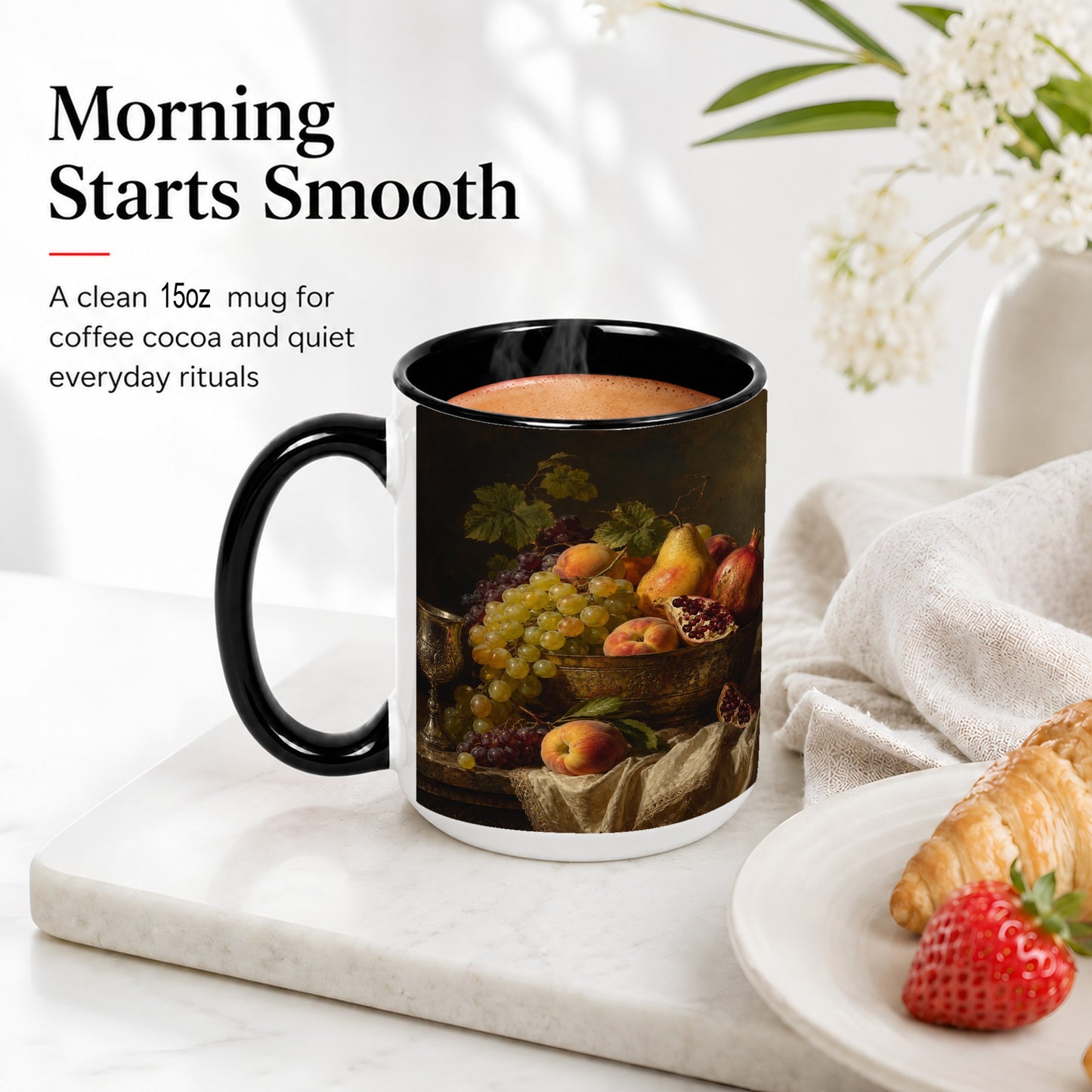 #pl[15oz|Black] Fruit Still Life Ceramic Mug, Vintage Grapes and Pomegranate Art