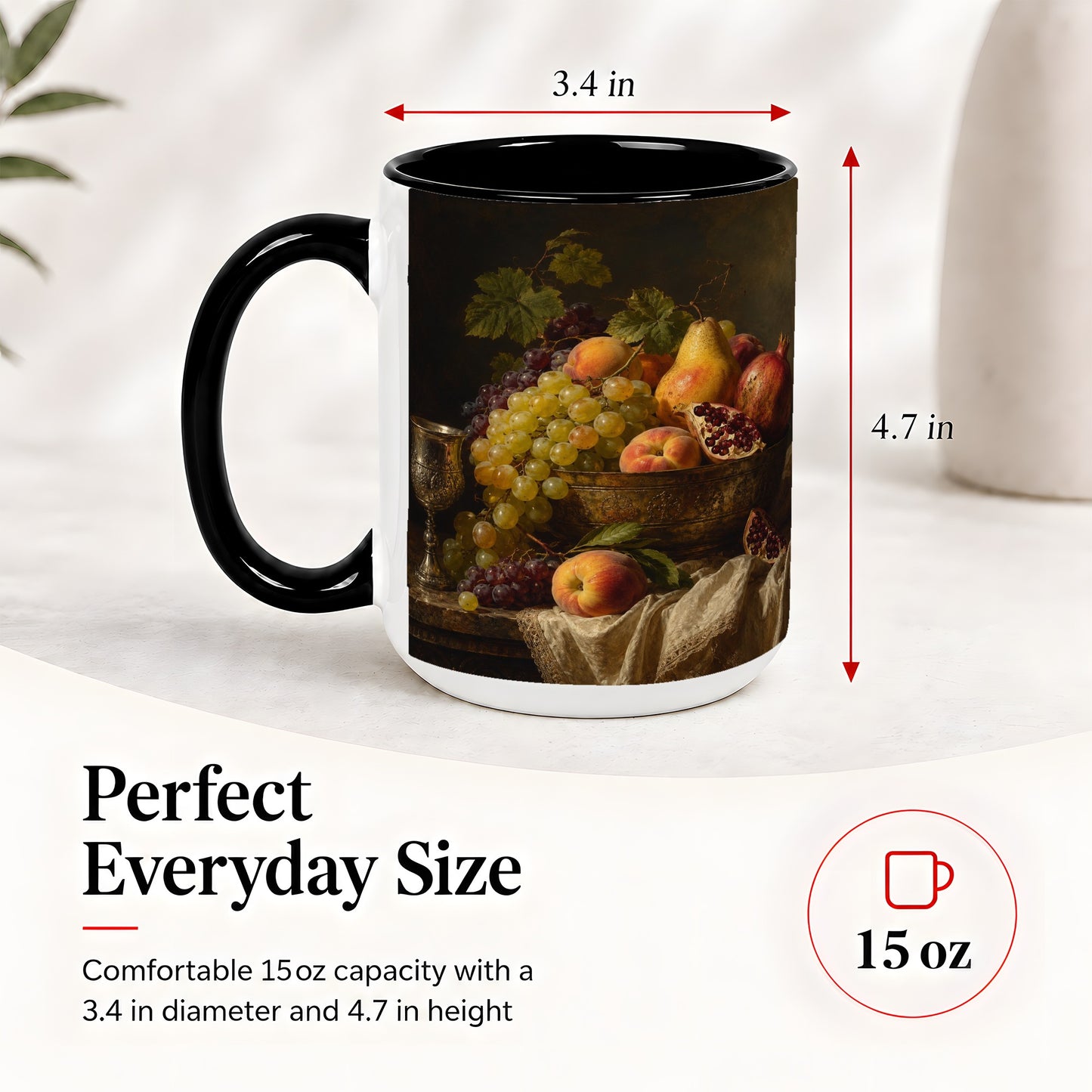 #pl[15oz|Black] Fruit Still Life Ceramic Mug, Vintage Grapes and Pomegranate Art